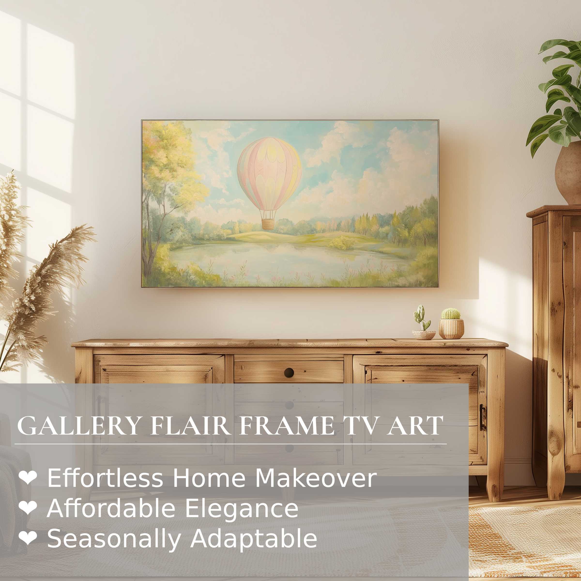 Samsung Frame TV displays nursery digital artwork of a pastel hot air balloon in a serene, modern room
