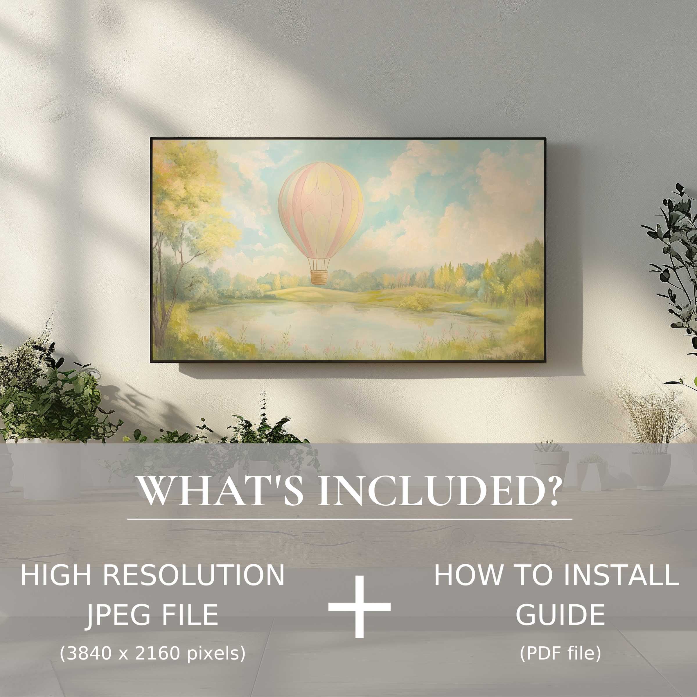 Elegant nursery digital TV art download with easy setup, enhancing your living space with serene hot air balloon charm