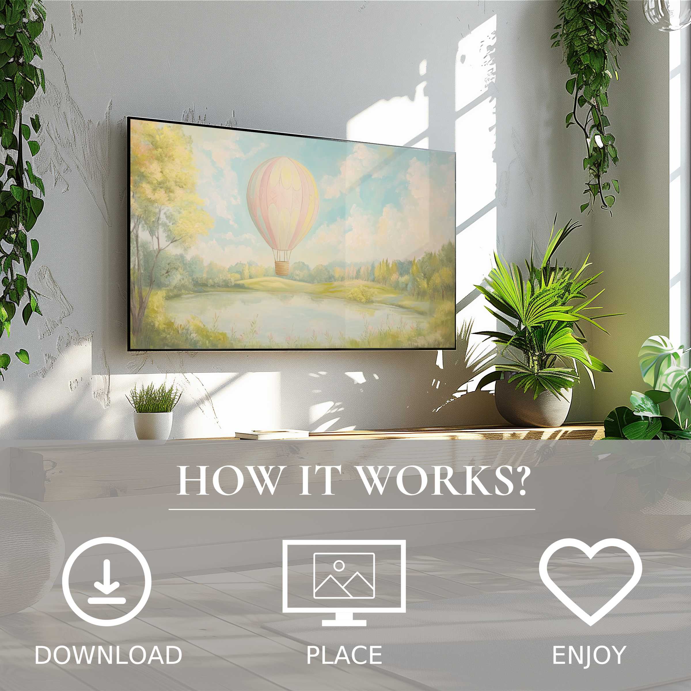 Nursery art for Samsung TV with soft pastel hot air balloon motif, easy digital download enriches your space