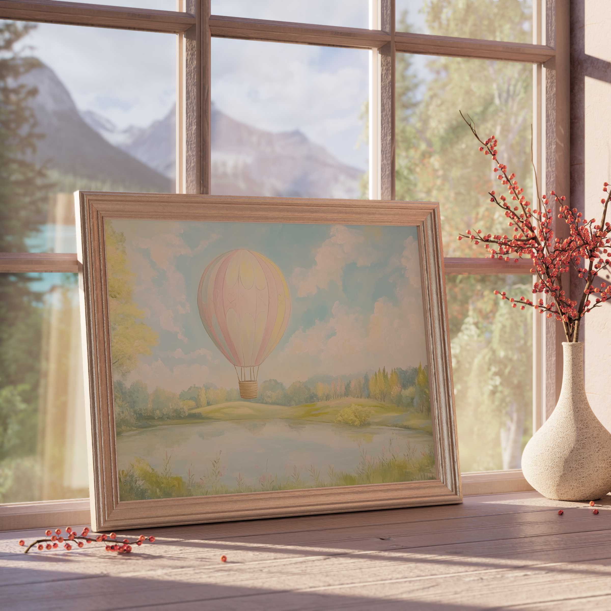 Nursery downloadable art capturing a serene pastel hot air balloon float over tranquil lake, perfect for curated, calm interiors
