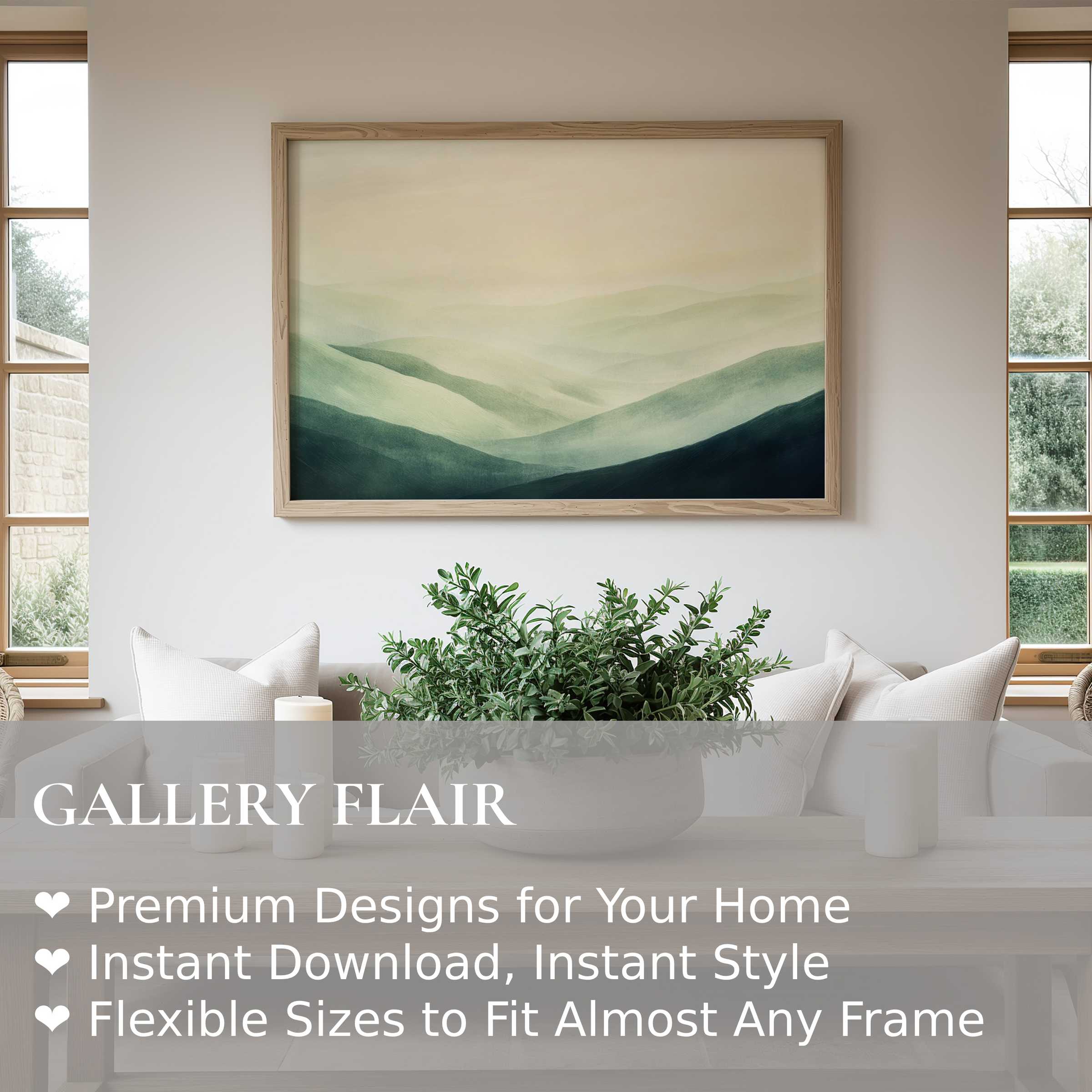 Serene landscape wall art print showcasing soft, misty green hills in a refined, modern living room, enhancing calm minimalist decor