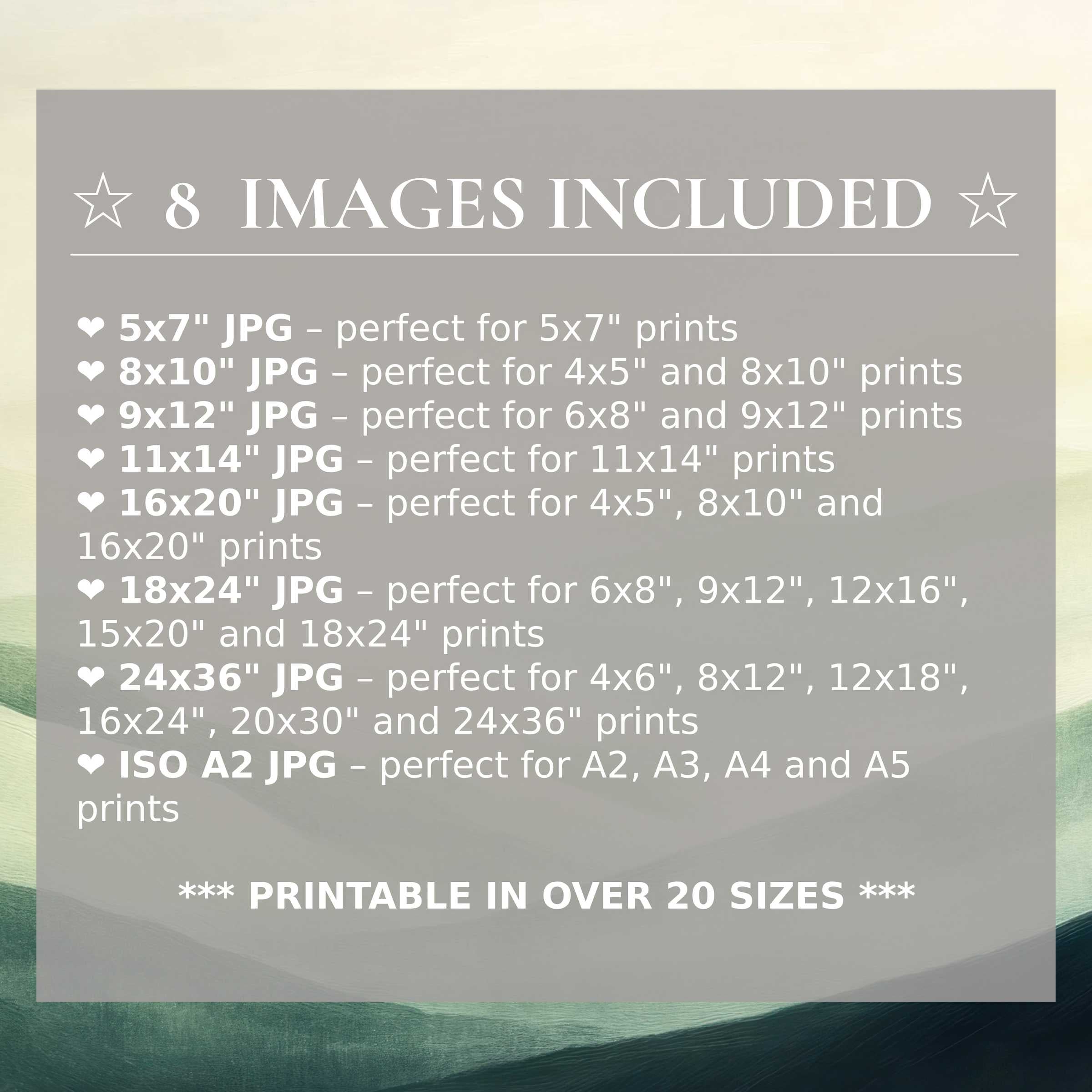 Landscape digital print featuring radiant greens and calming neutrals, offered in 8 high-quality sizes included for versatile, stylish modern interiors
