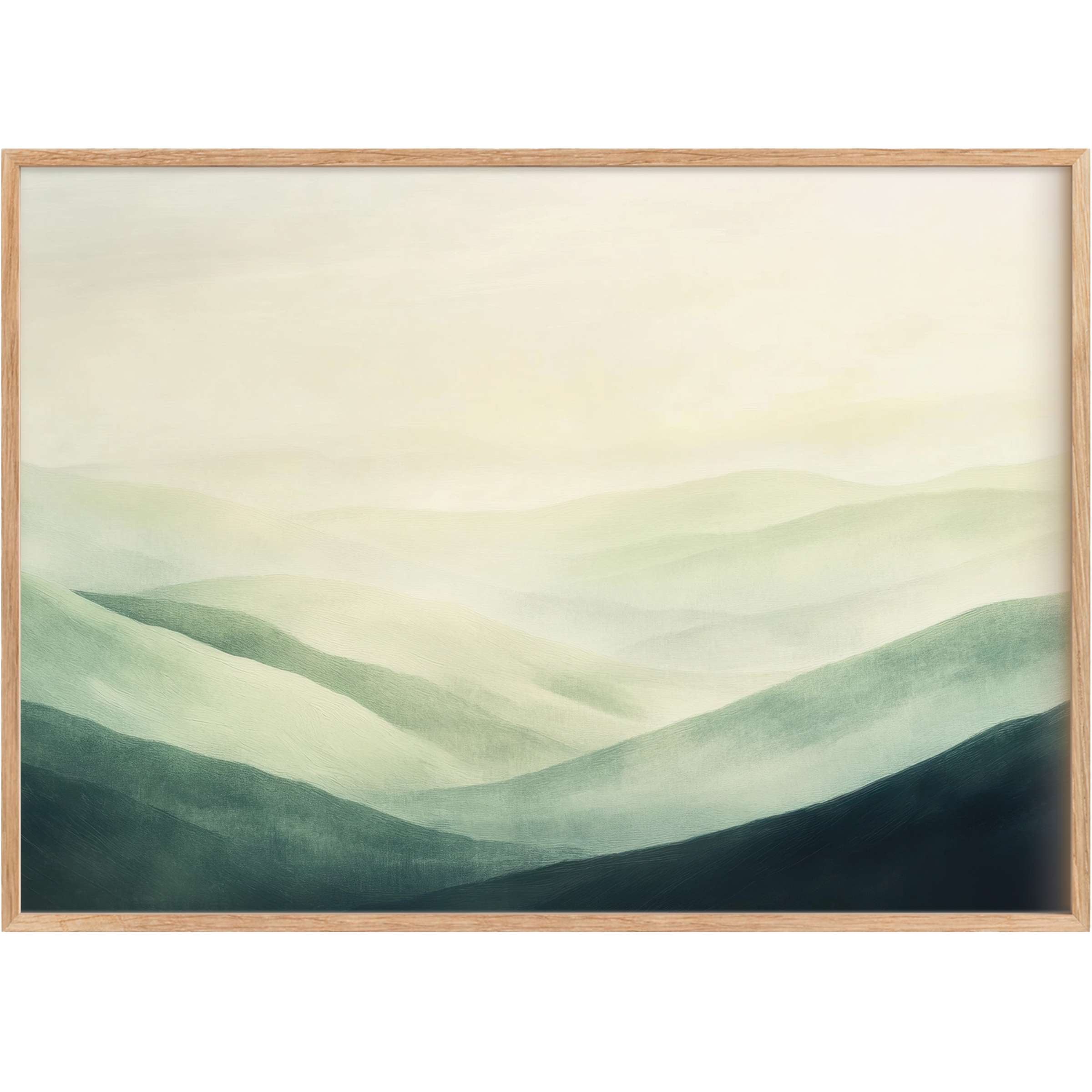 Serene landscape printable wall art with misty teal and cream hills, creating a calming, elegant ambiance for refined interiors