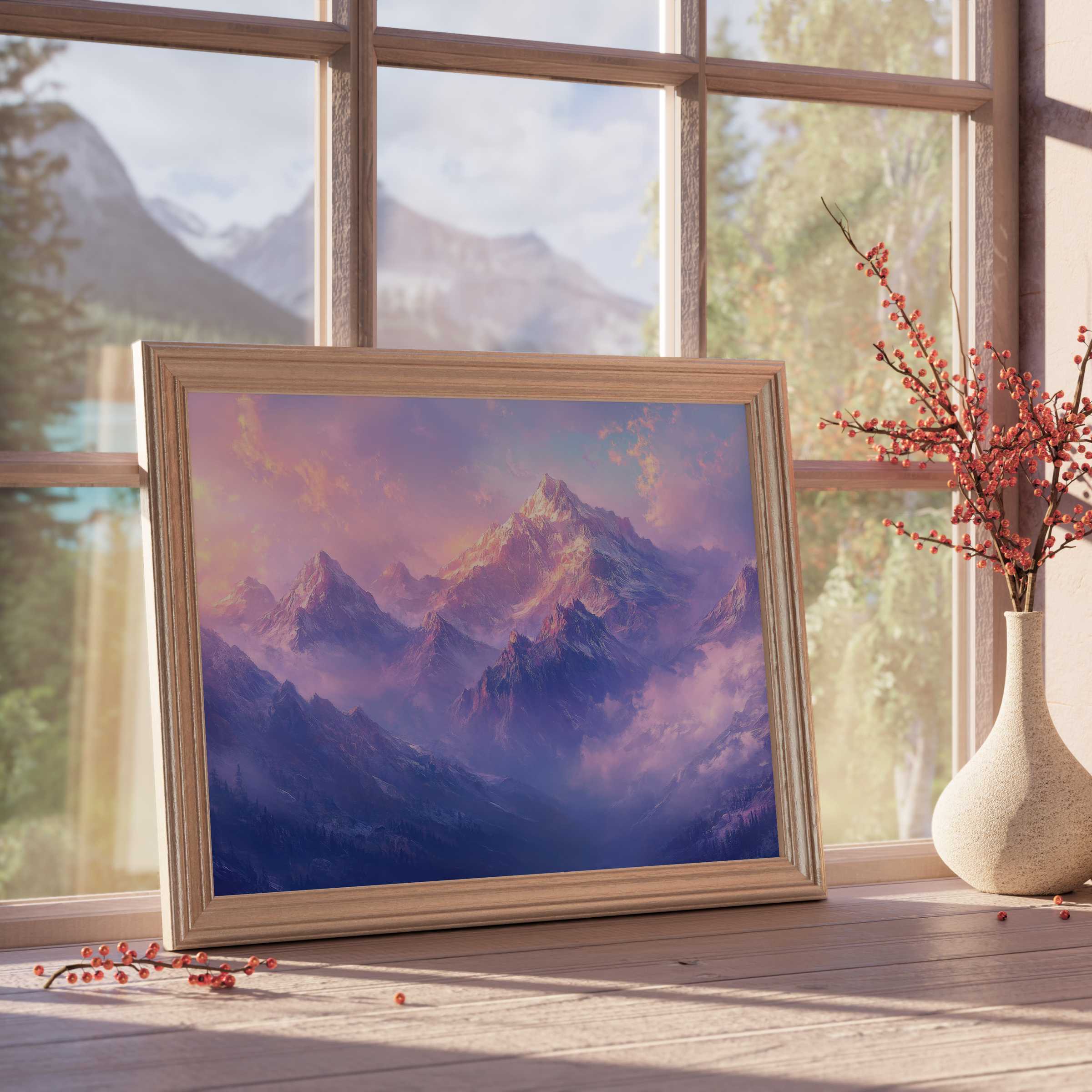 Vintage downloadable art of majestic mountain peaks bathed in soft twilight hues, infusing curated interiors with serene elegance and timeless charm