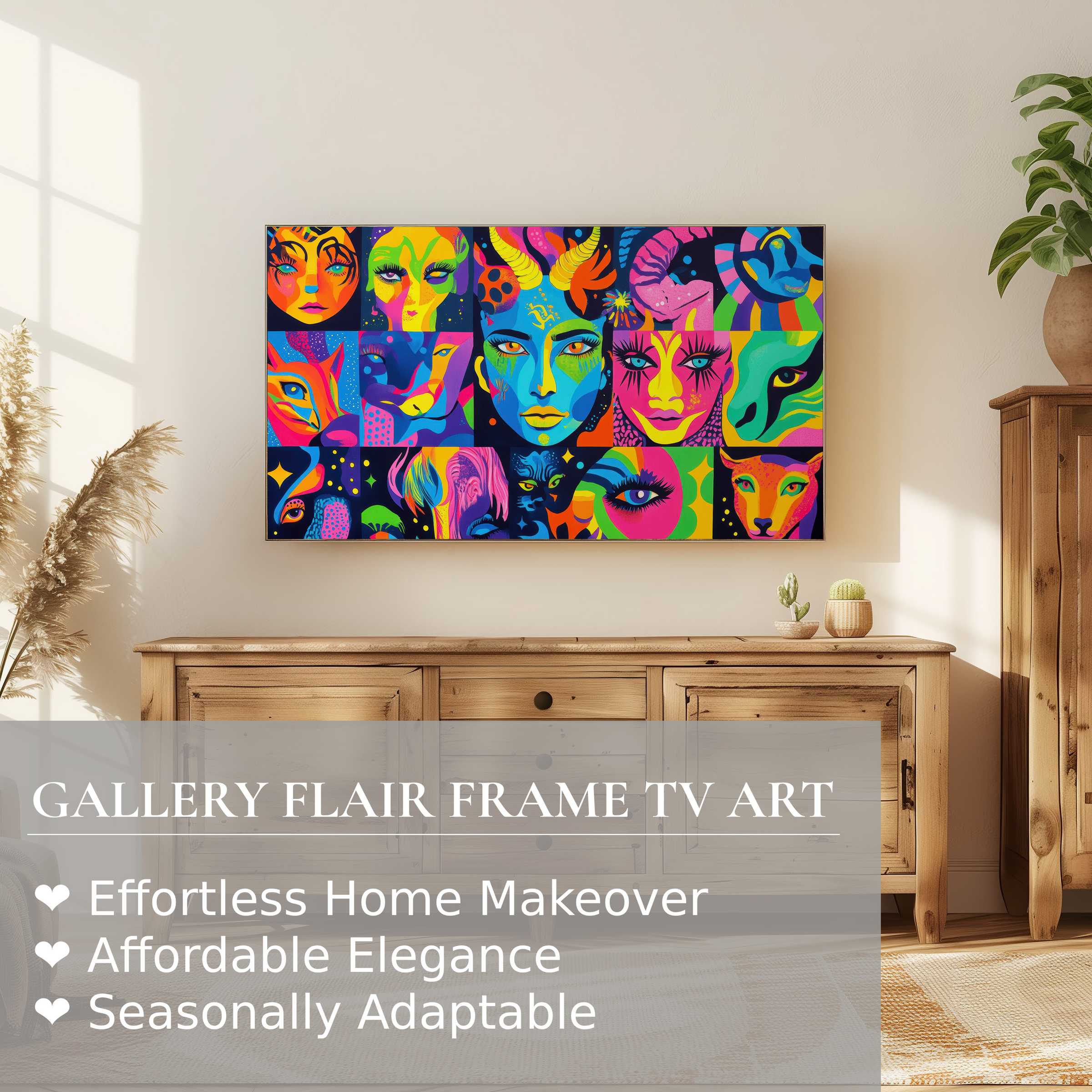 Samsung Frame TV showcasing vibrant pop art digital artwork in a modern, sunlit living room with rustic elegance