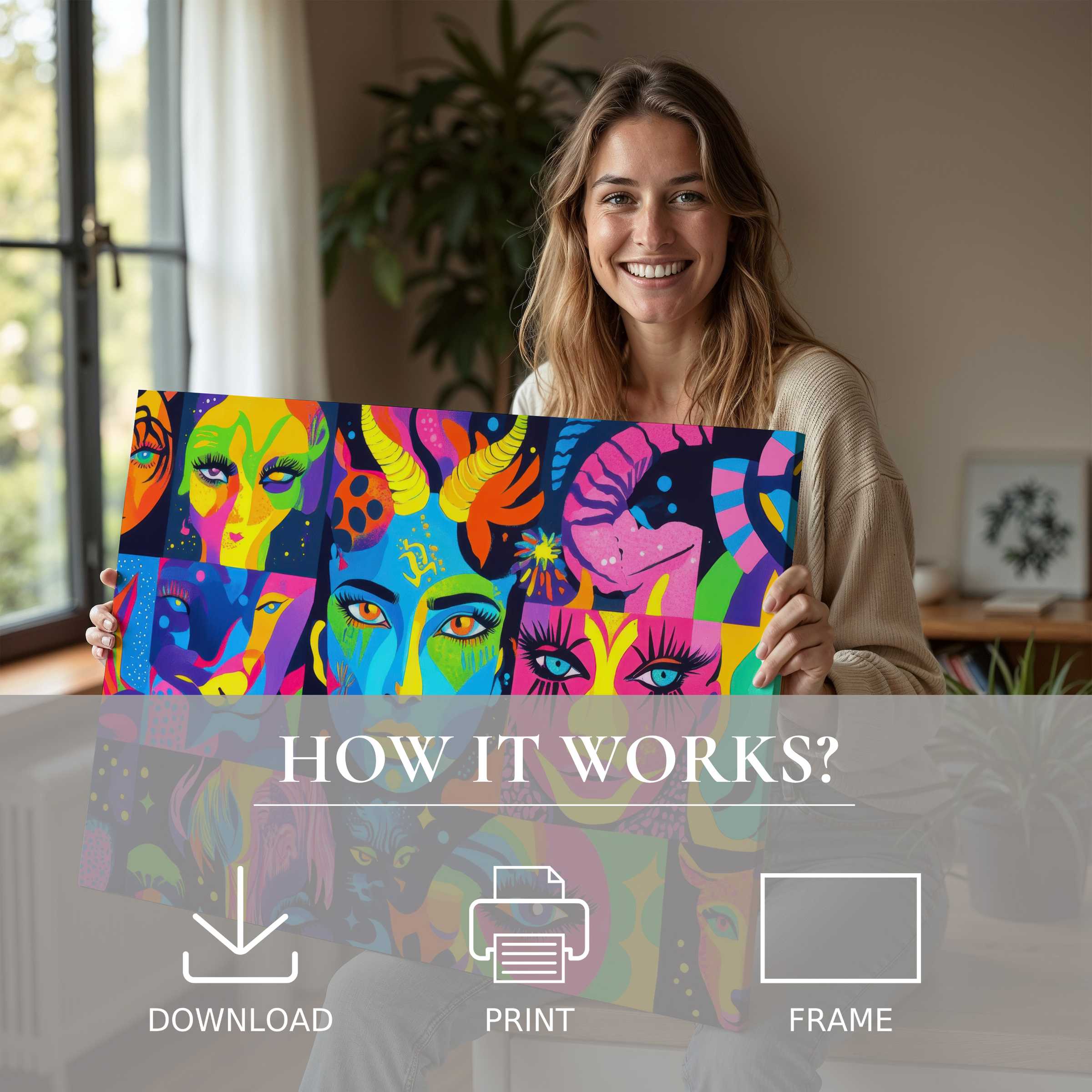 Radiant pop art digital art print embraced in a sunlit modern home, inspiring joyful connection with vibrant abstract beauty