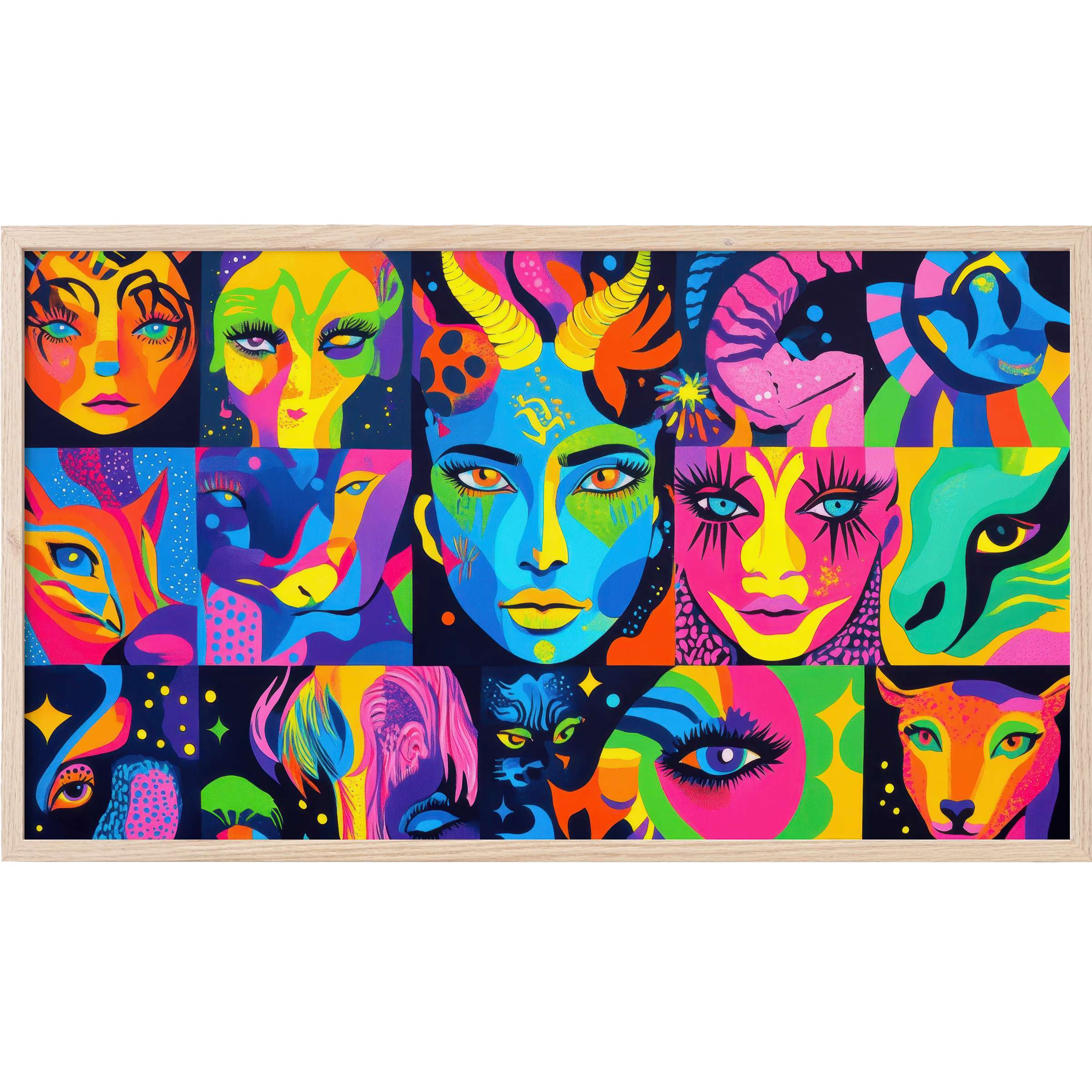 Vibrant collage of surreal faces and animals in neon hues and bold shapes, a striking pop art Frame TV Art