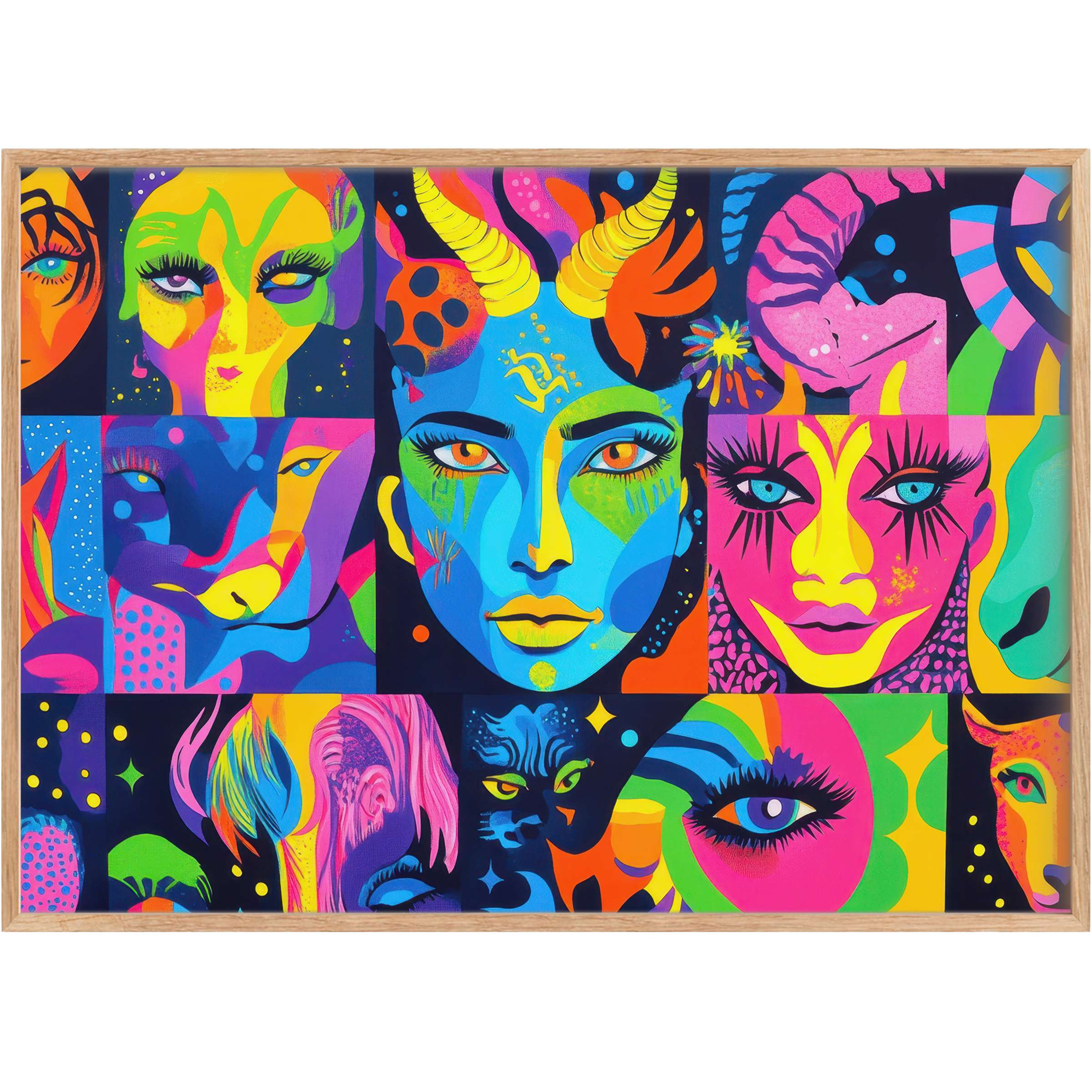 Vibrant pop art printable wall art featuring bold neon blues, pinks, and yellows, creating an electrifying and dynamic ambiance for modern interiors