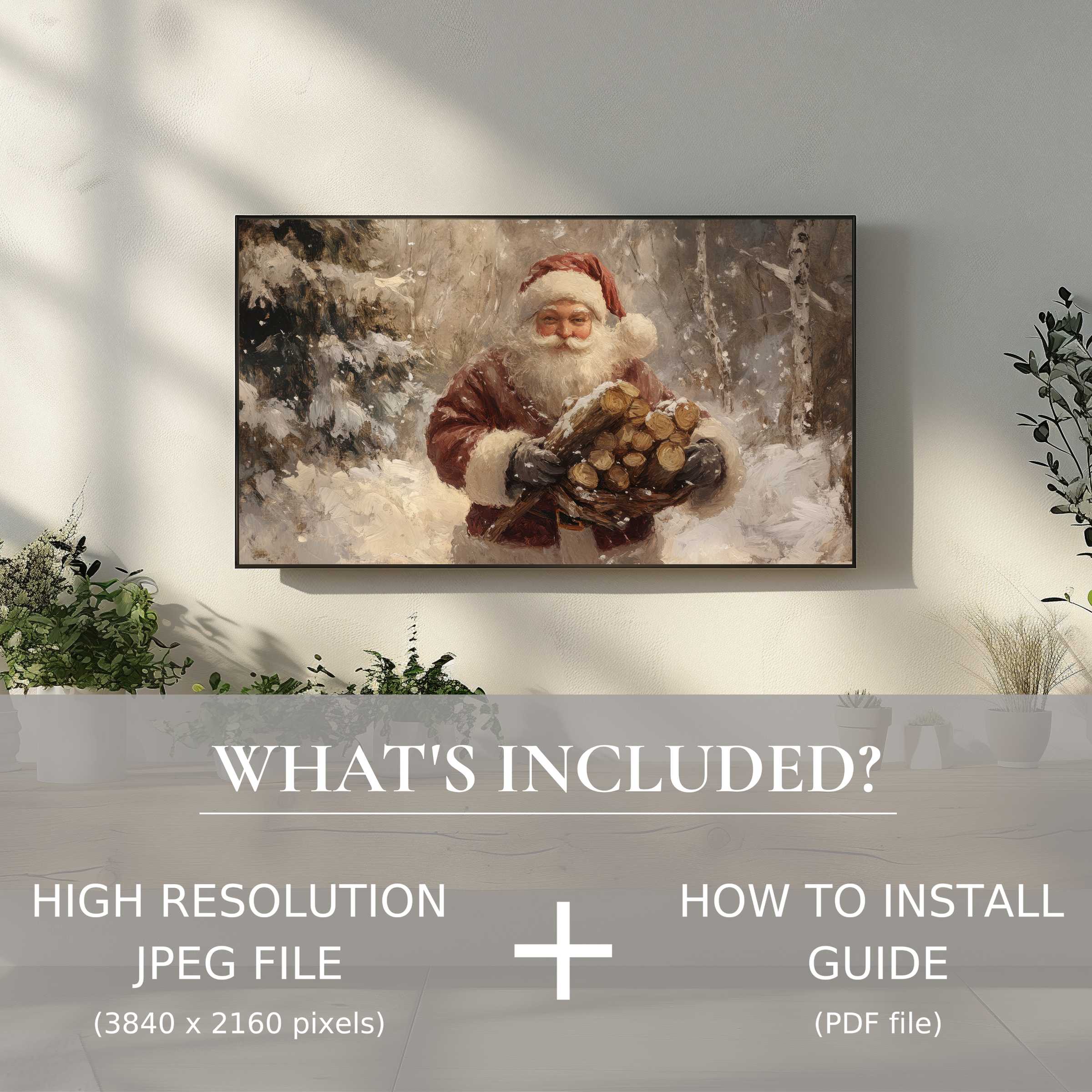 Elegant living room with christmas digital TV art download, easy to use and elevates any stylish space
