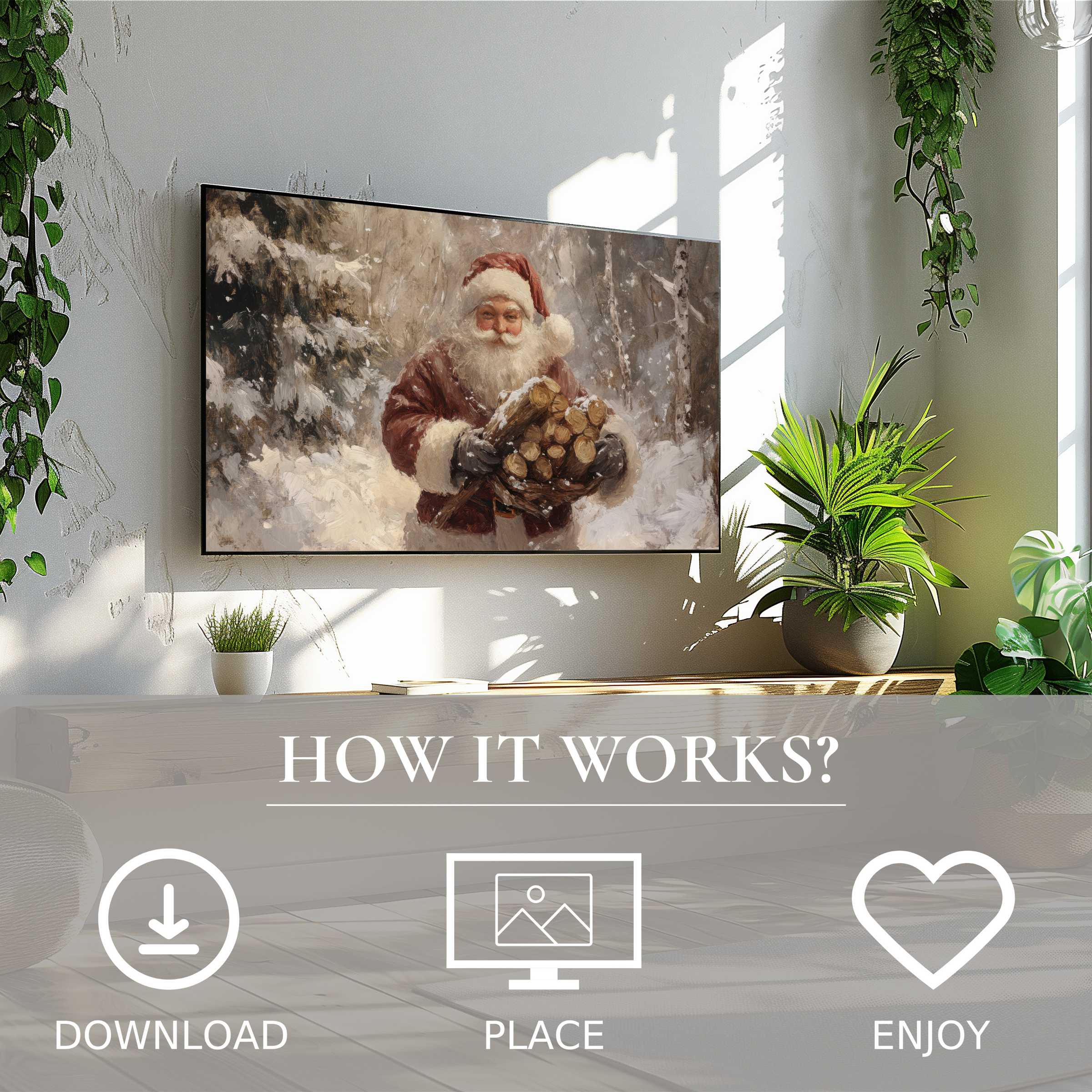 Modern living room with easy digital download; christmas art for Samsung TV shows warm Santa in rustic tones