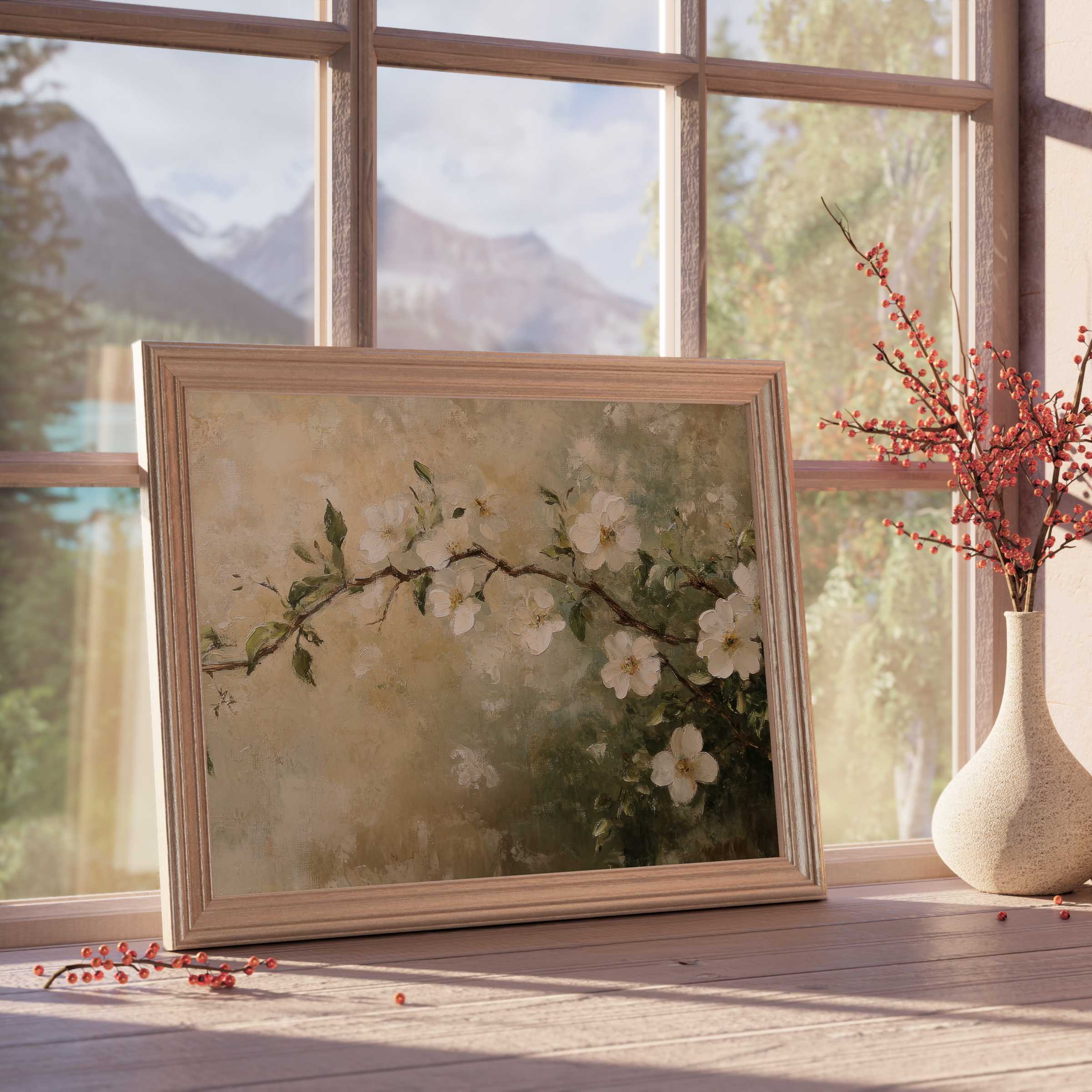 Elegant spring downloadable art showcasing delicate white blossoms, enhancing tranquil, curated interiors with timeless botanical charm