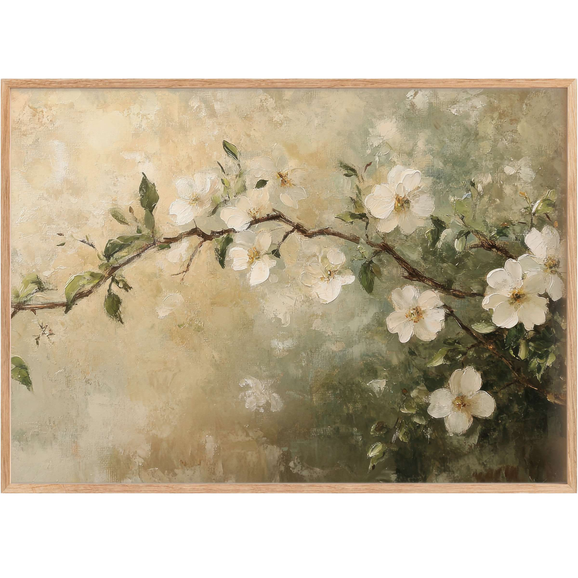 Elegant spring printable wall art featuring soft white blossoms and gentle greens, evoking a serene, timeless ambiance