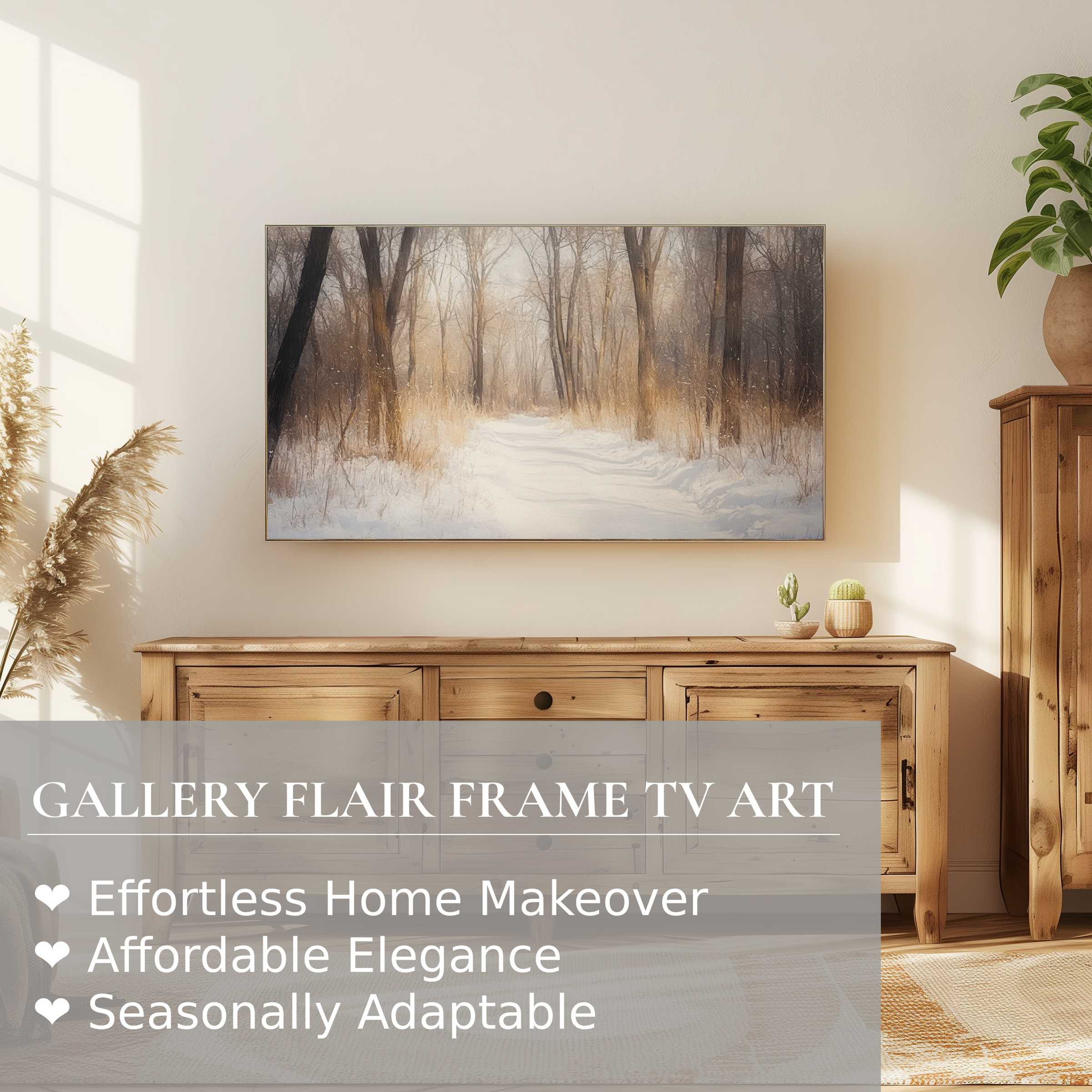 Modern winter digital artwork of a serene snow-covered forest scene on Samsung Frame TV in cozy, stylish living room
