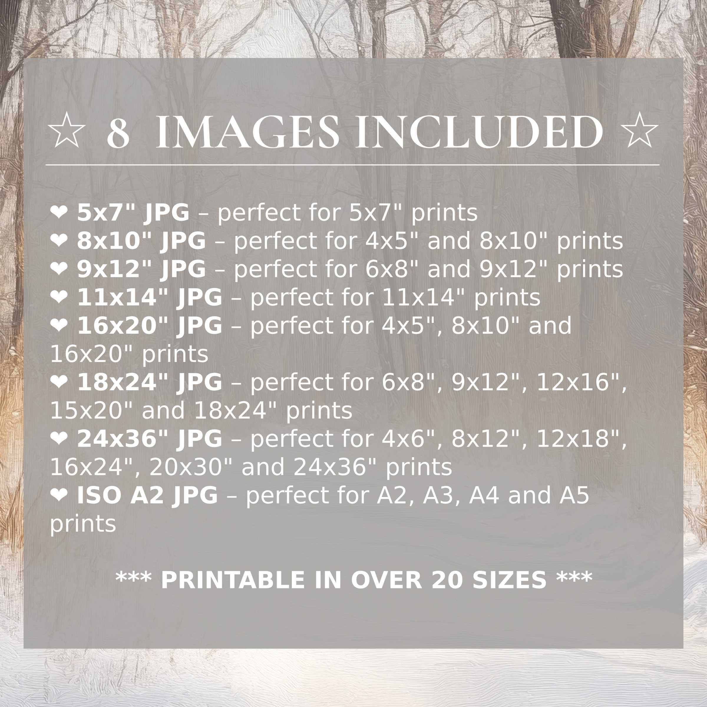 Winter digital print exudes calming neutrals and soft browns, elevating modern interiors with radiant style; includes 8 high-quality sizes