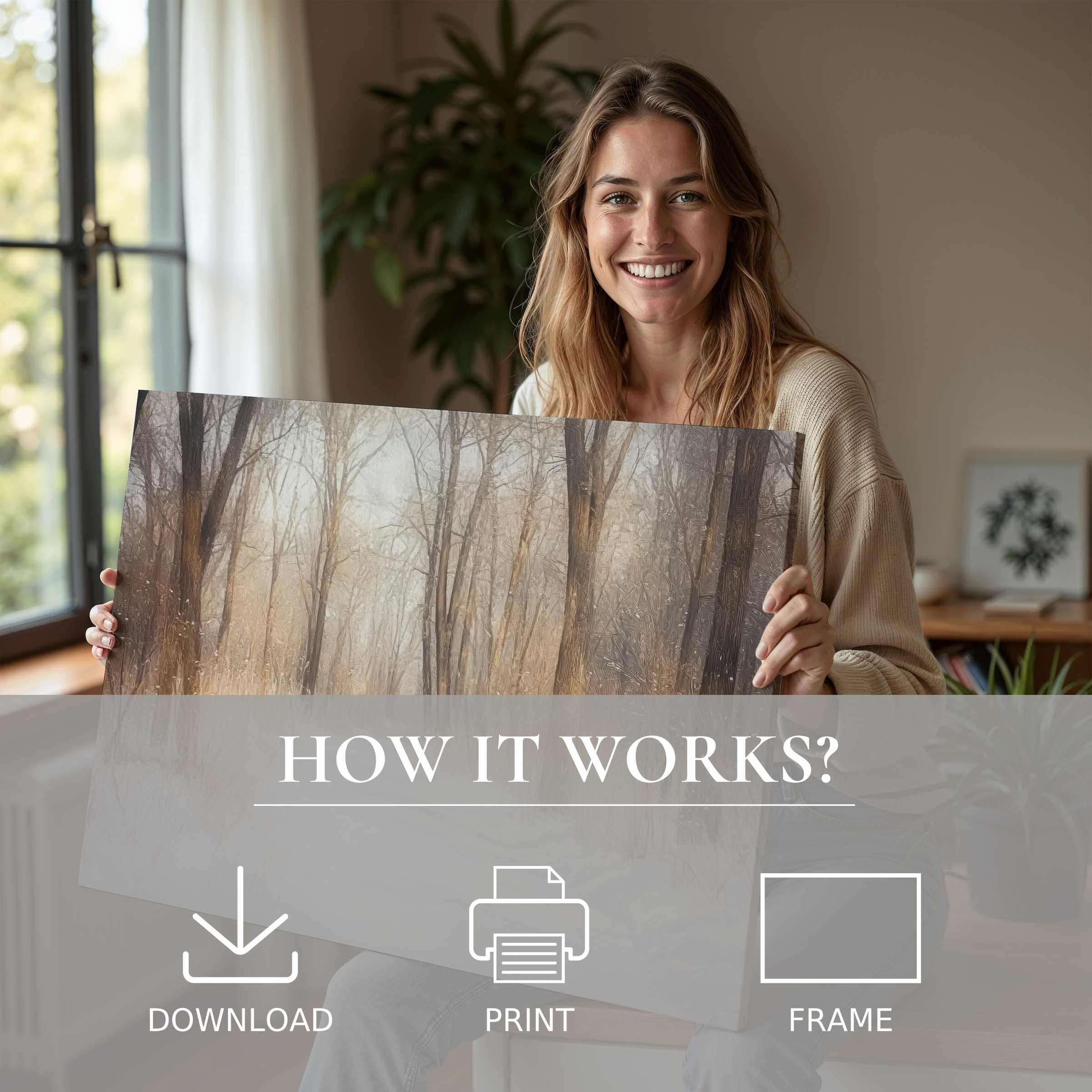 Smiling woman in a stylish home radiates warmth, embracing a winter digital art print that transforms her space with serene elegance