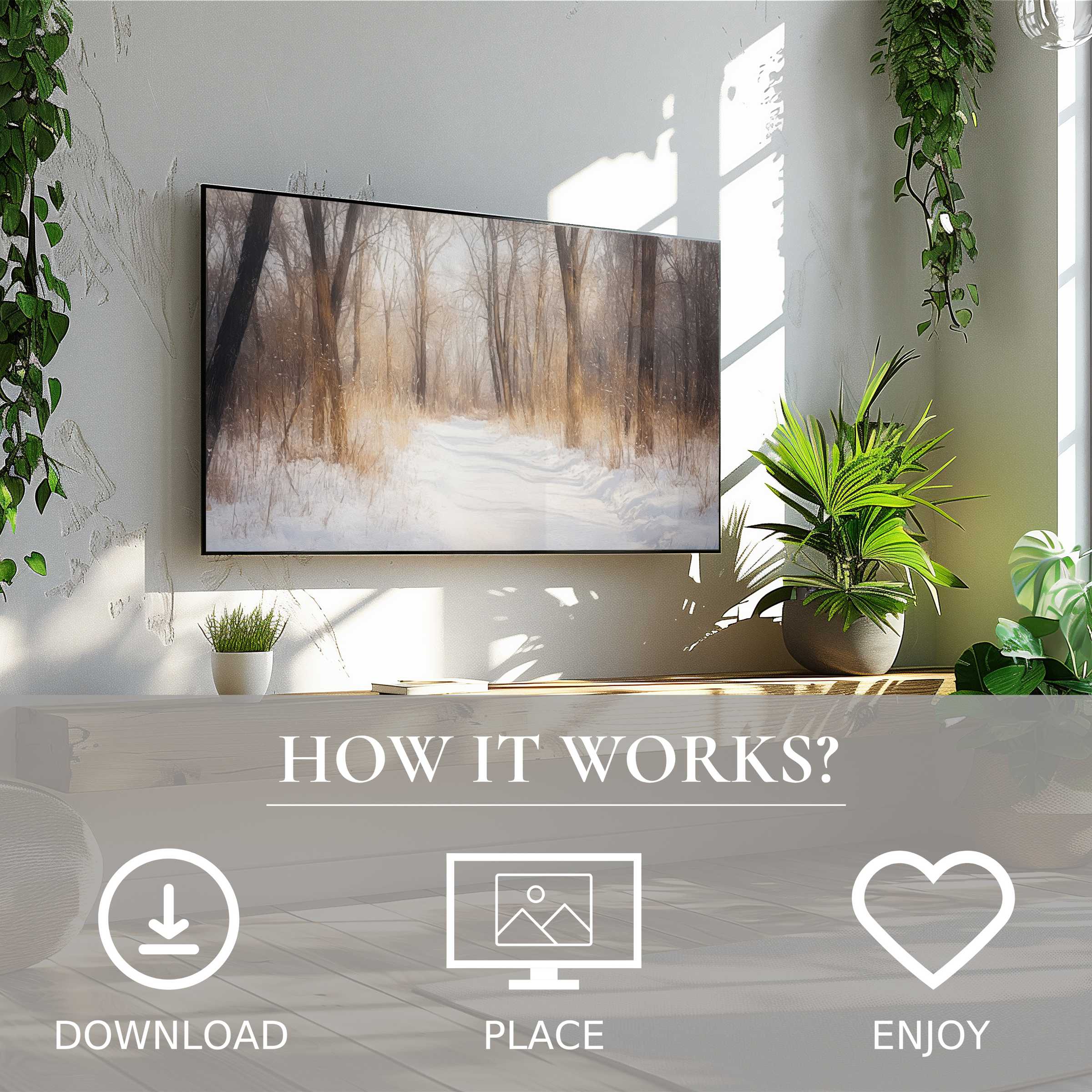 Winter art for Samsung TV shows soft snowy path tones; easy digital download enriches modern living spaces