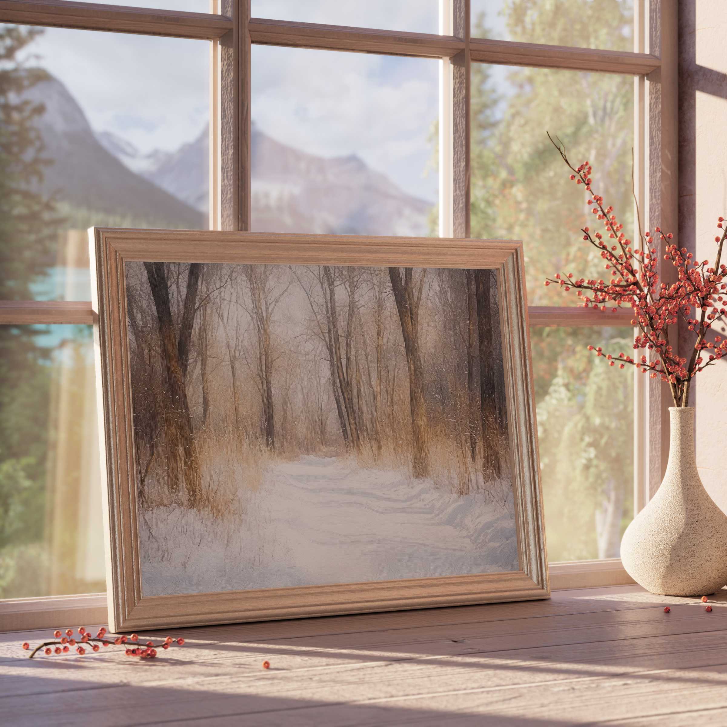 Winter downloadable art capturing a serene snow-covered forest path, enriching tranquil, curated premium interiors