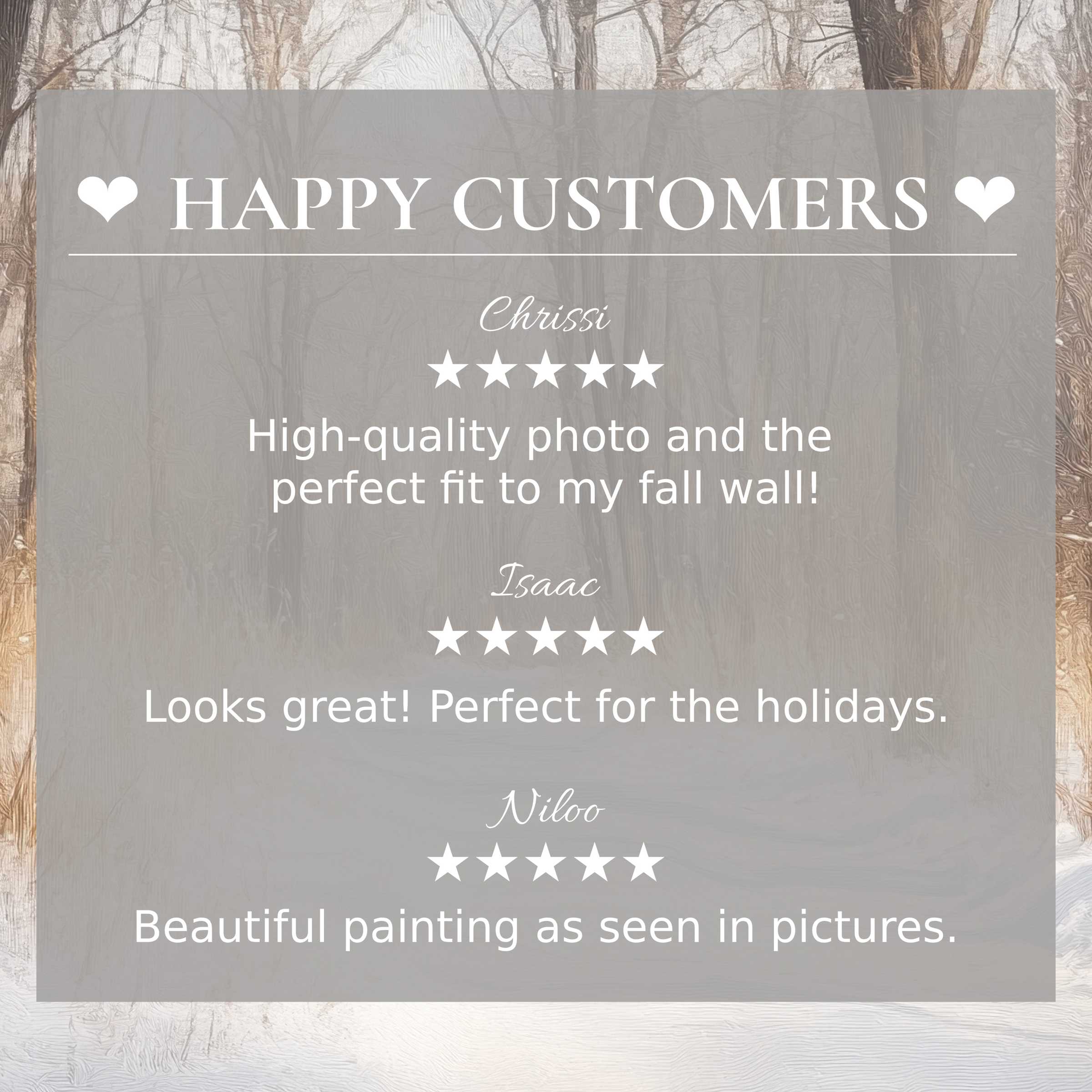 Elegant winter art for Frame TV with soft woodland backdrop, highlighting happy customer reviews and refined design