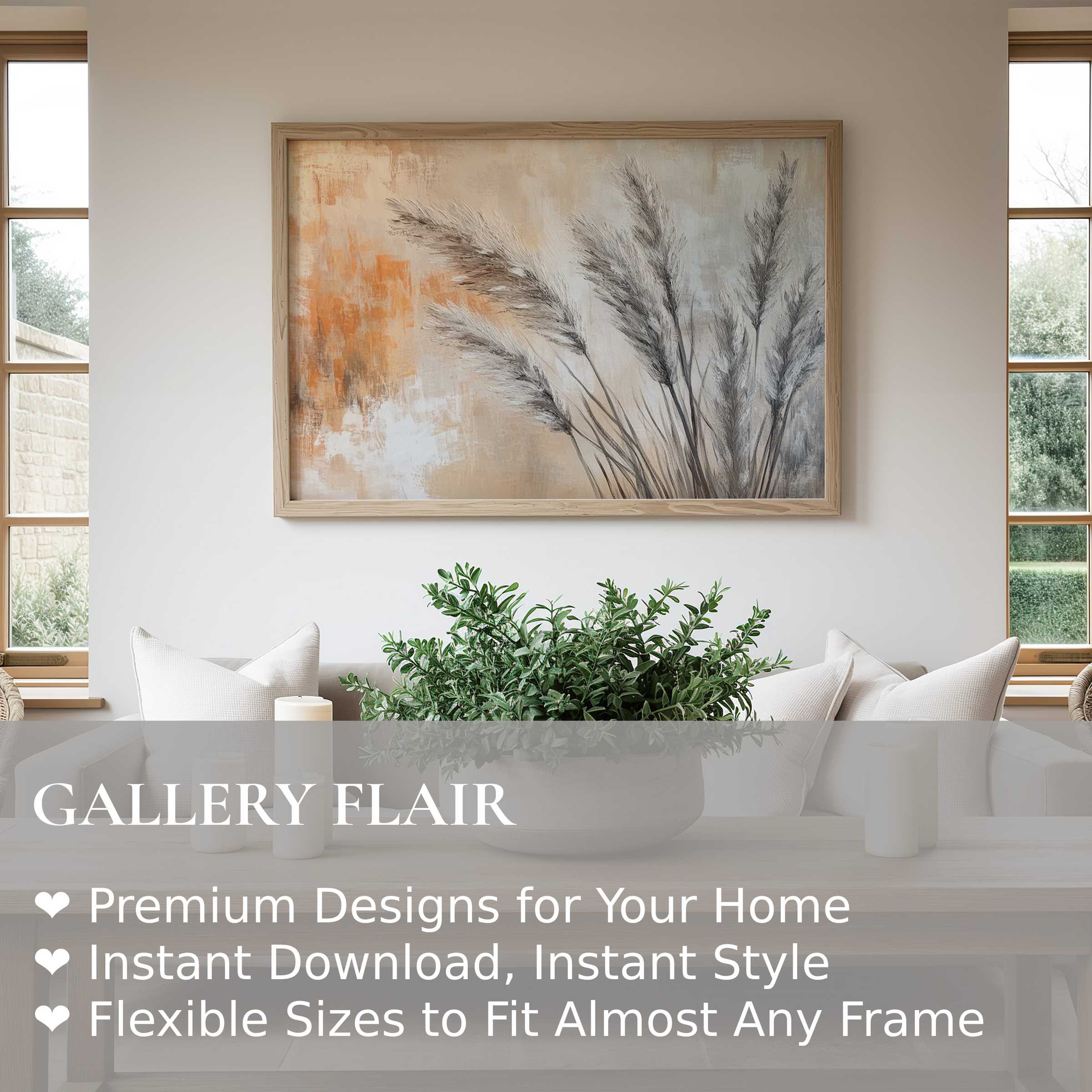 Boho wall art print featuring soft pampas grass with warm ochre accents, enhancing serene modern farmhouse interiors