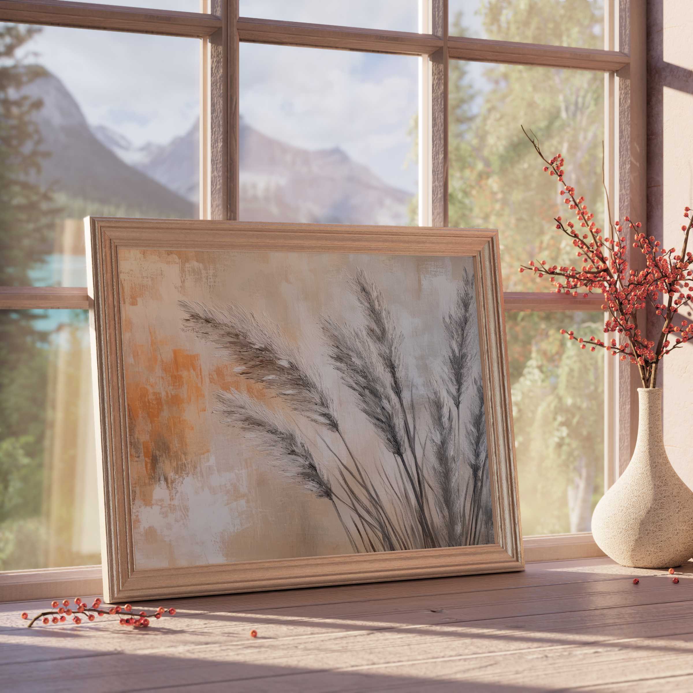 Boho downloadable art featuring serene pampas grass in muted earth tones, elevating tranquil, curated interiors