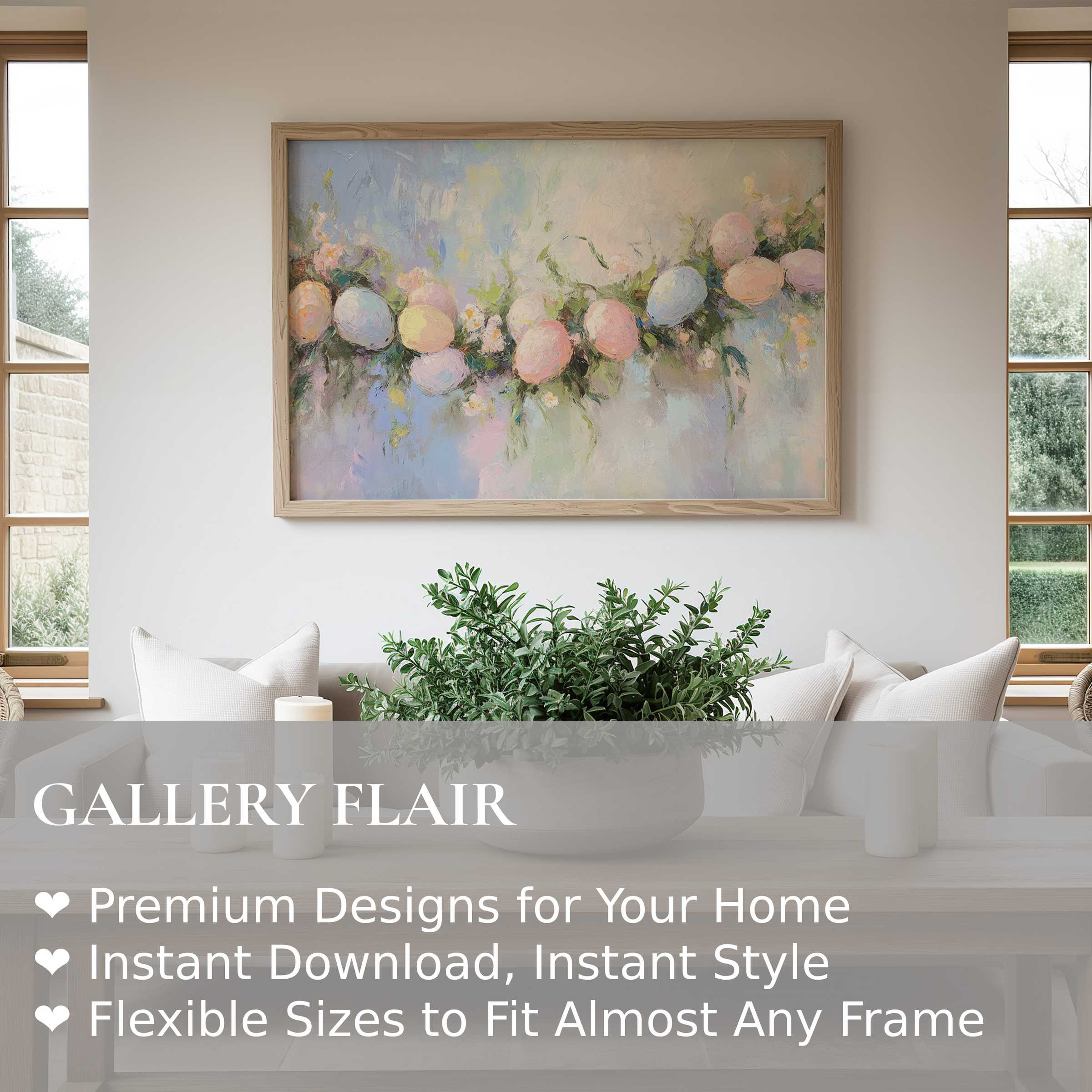 Easter wall art print featuring a soft pastel garland of eggs and florals, enhancing modern farmhouse interiors with calm, radiant elegance