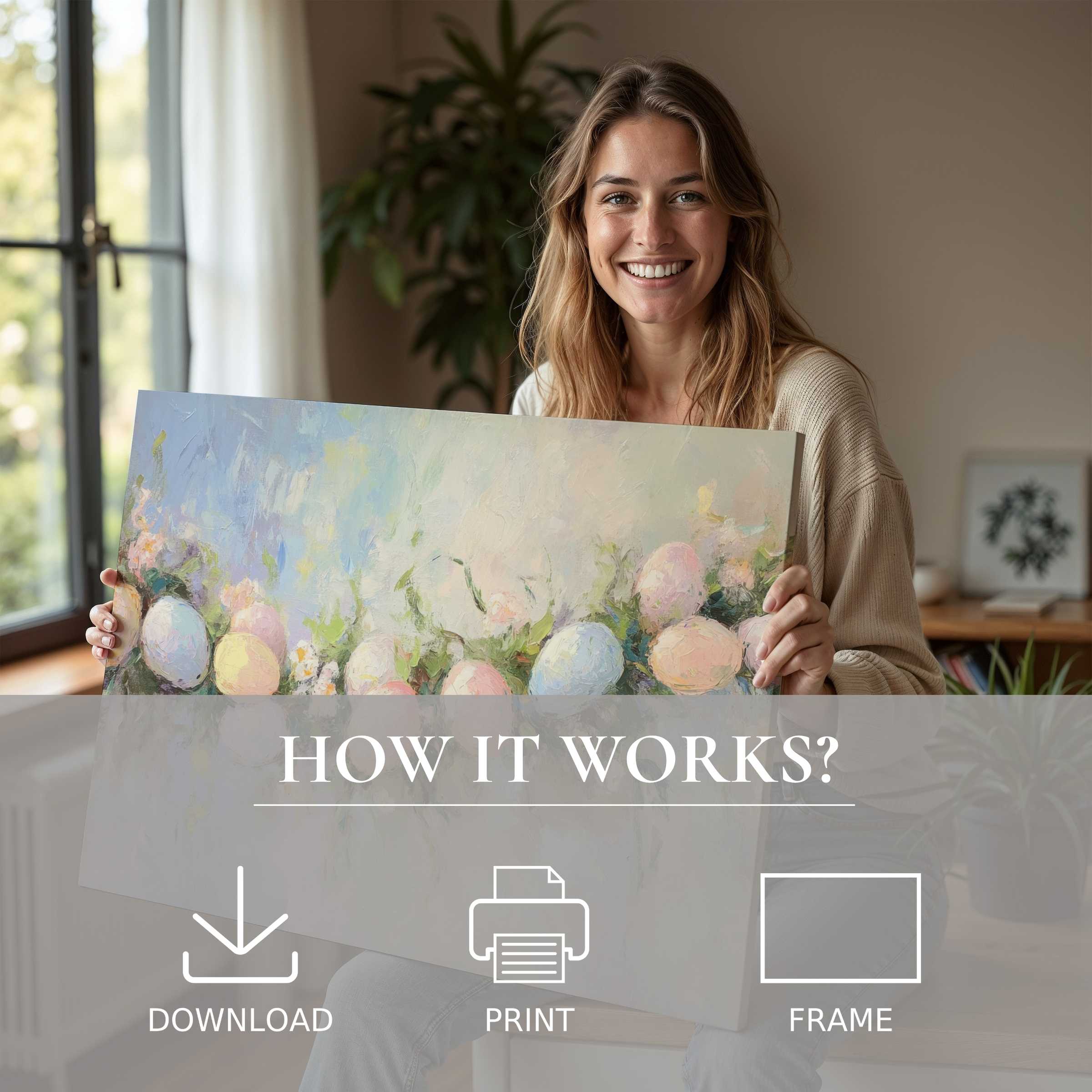 Radiant connection in a modern home, showcasing an Easter digital art print that elevates serene living with effortless elegance