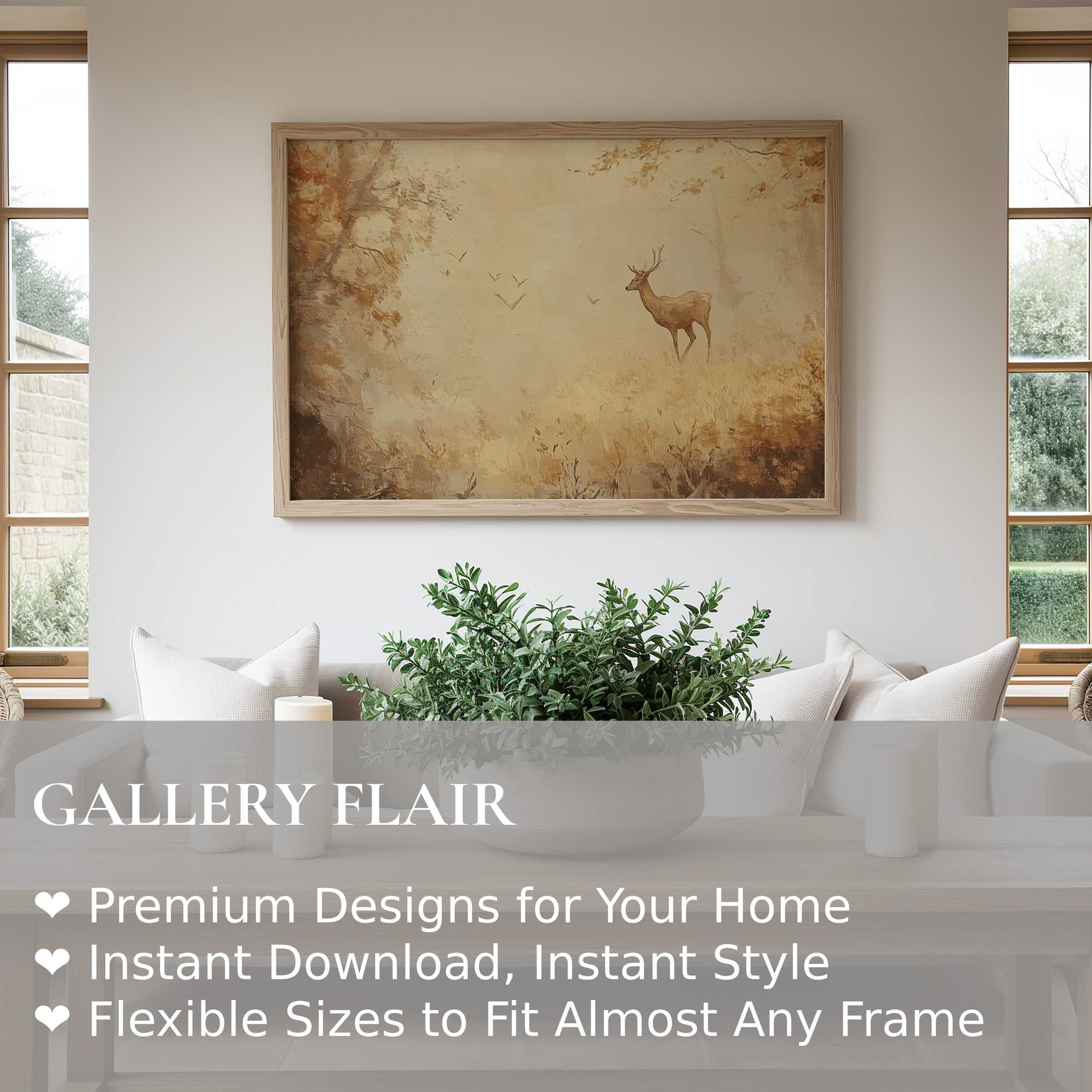 Elegant fall wall art print depicting a serene deer in golden woods, enhancing modern farmhouse interiors with warm, calming ambiance