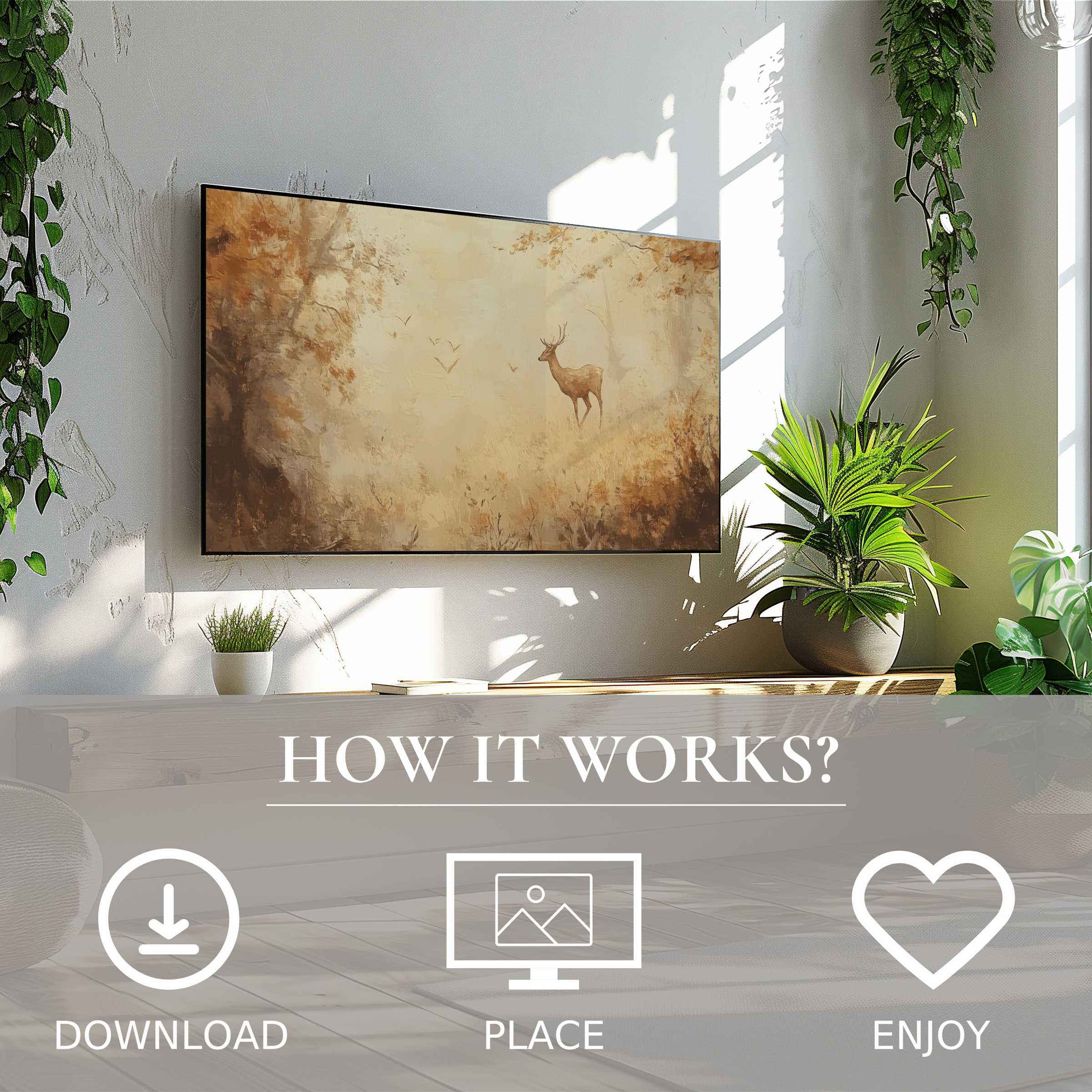 Fall art for Samsung TV shows soft earthy tones and a deer motif; easy digital download enhances modern living spaces
