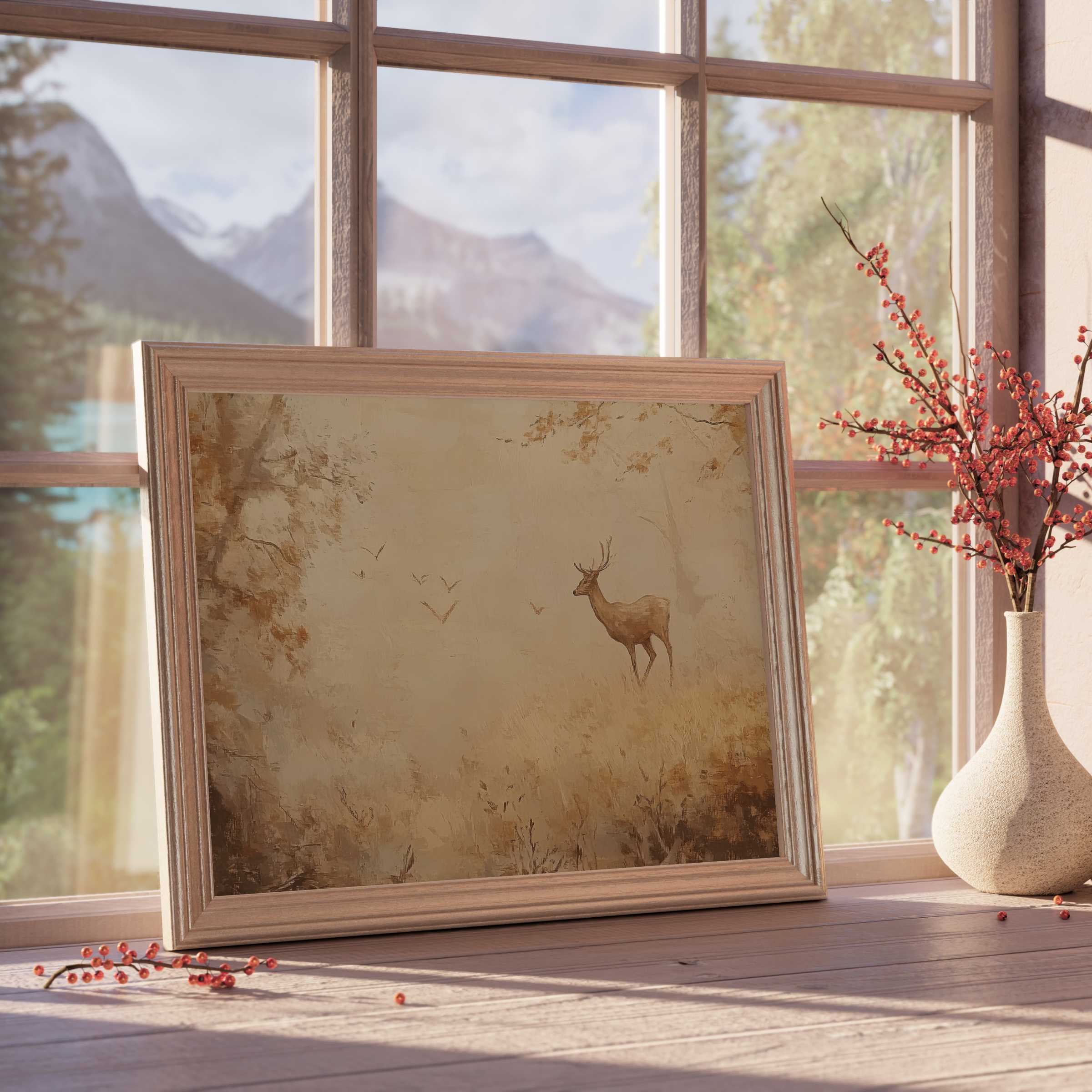 Elegant fall downloadable art capturing serene wildlife amidst misty amber hues, perfect for curated, tranquil, design-forward interiors