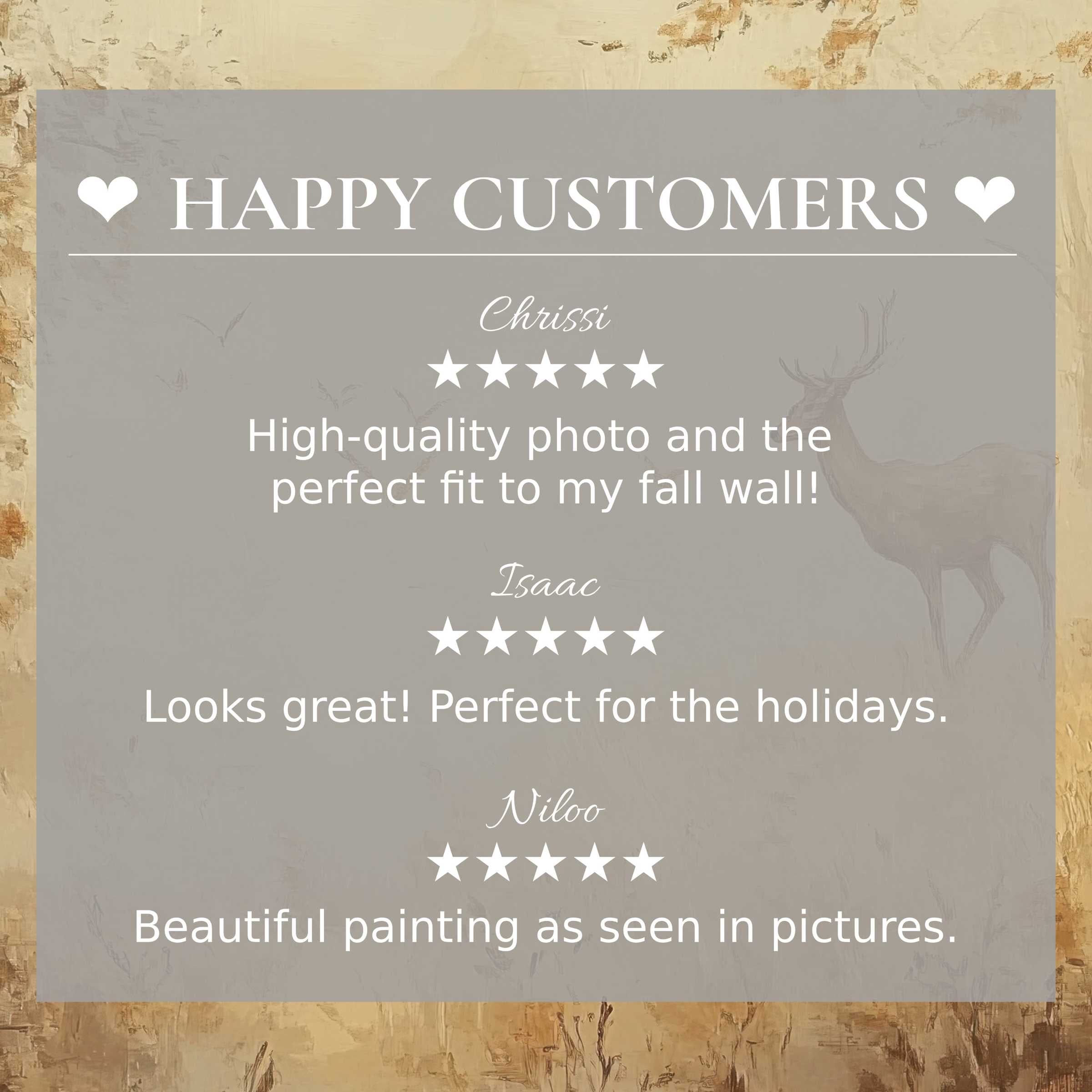 Fall art for Frame TV with abstract sunset hues and subtle deer motif, showcasing happy customer reviews and elegant trust