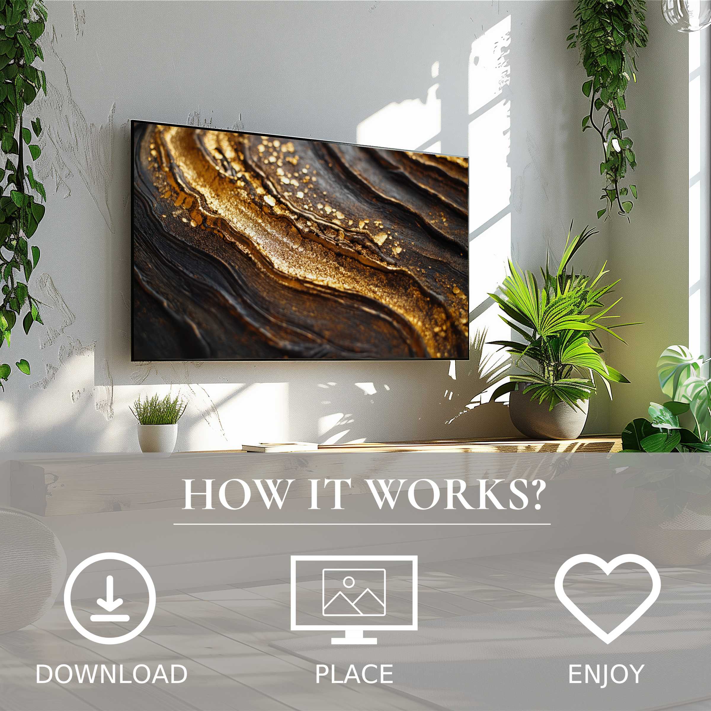 Abstract art for Samsung TV with golden waves motif, easy digital download enriches modern living spaces instantly