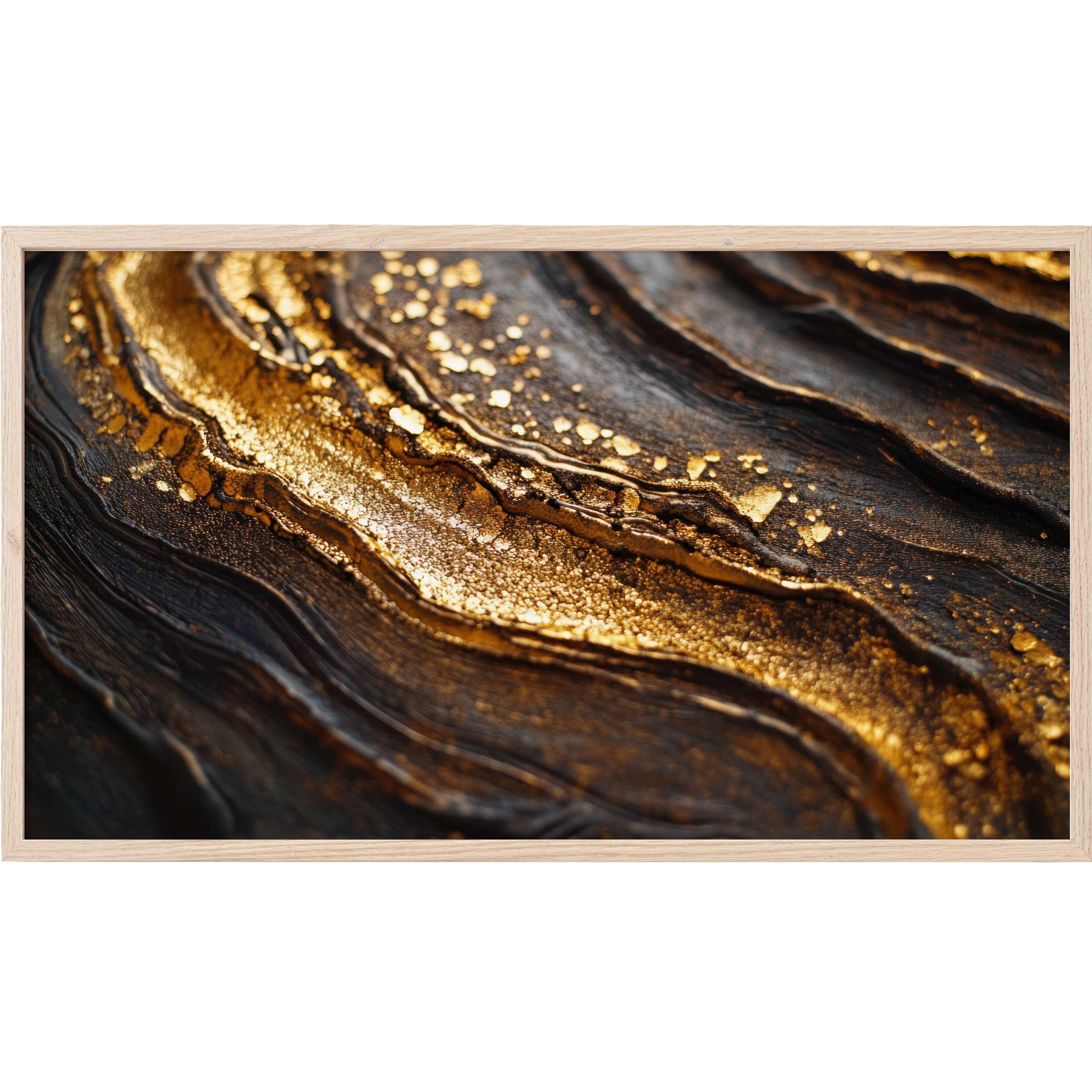 Abstract Frame TV Art showcasing layered black and shimmering gold textures in a modern, elegant design