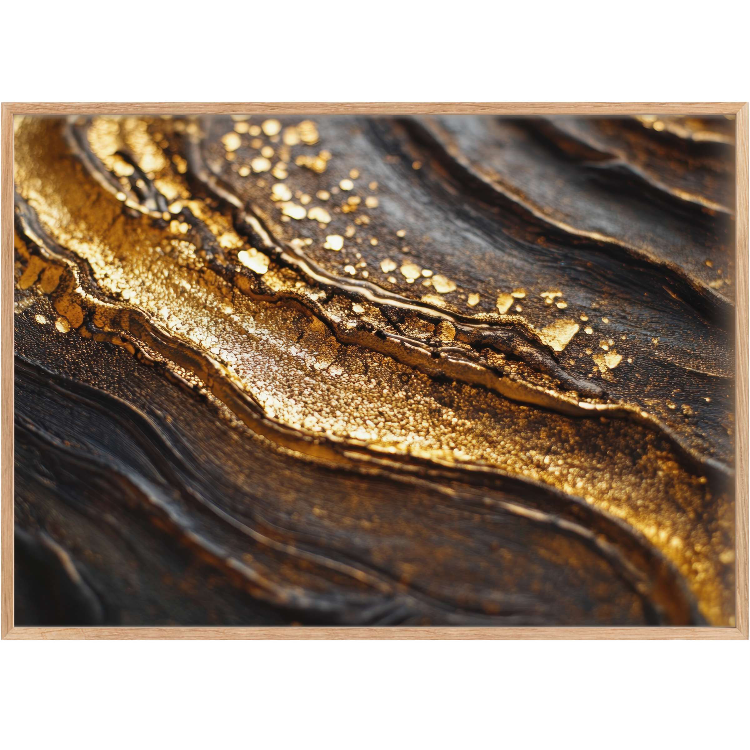 Luxurious abstract printable wall art in shimmering gold and deep ebony tones, evoking a radiant and sophisticated ambiance