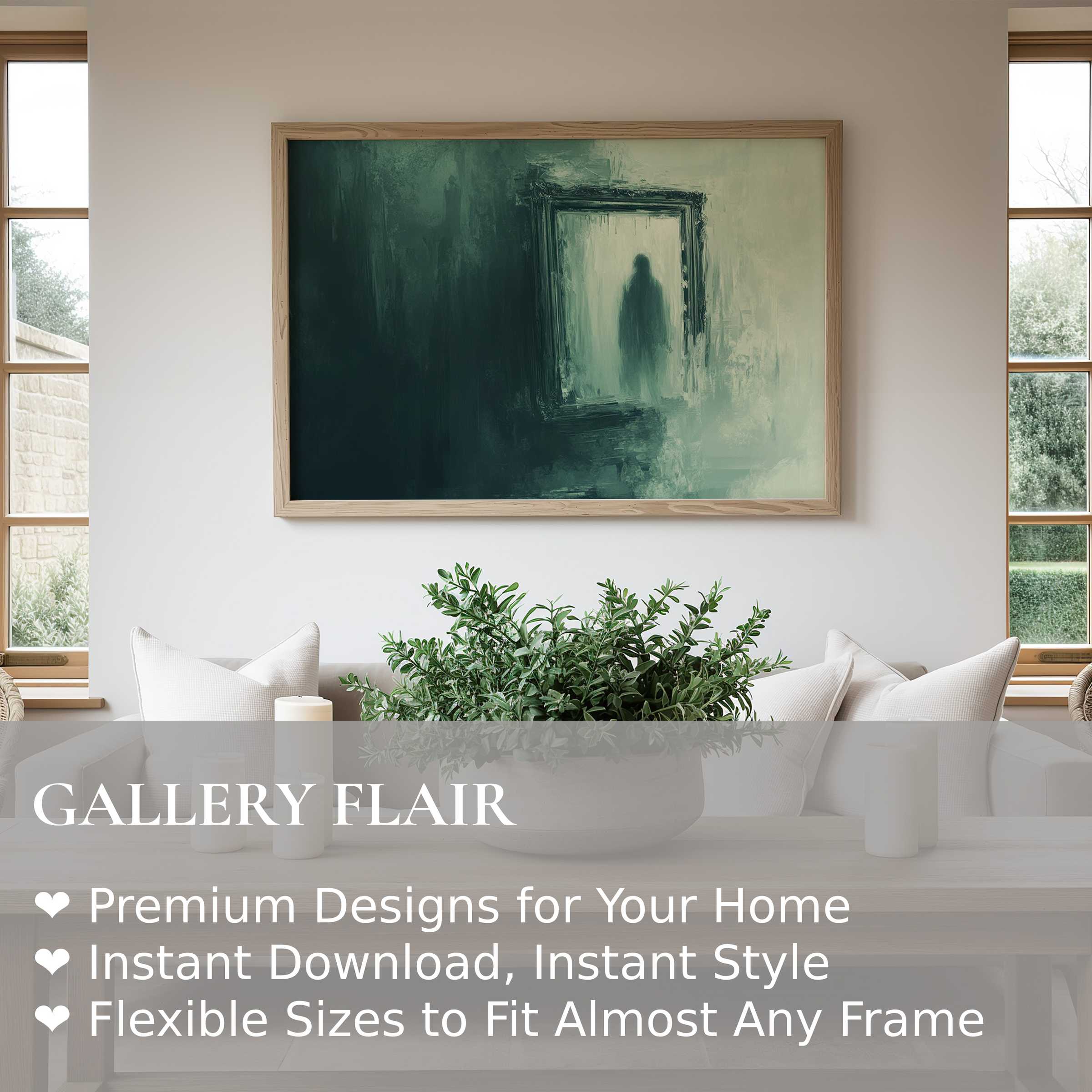 Ethereal halloween wall art print featuring a ghostly figure in muted greens, enhancing modern minimalist living spaces with moody elegance