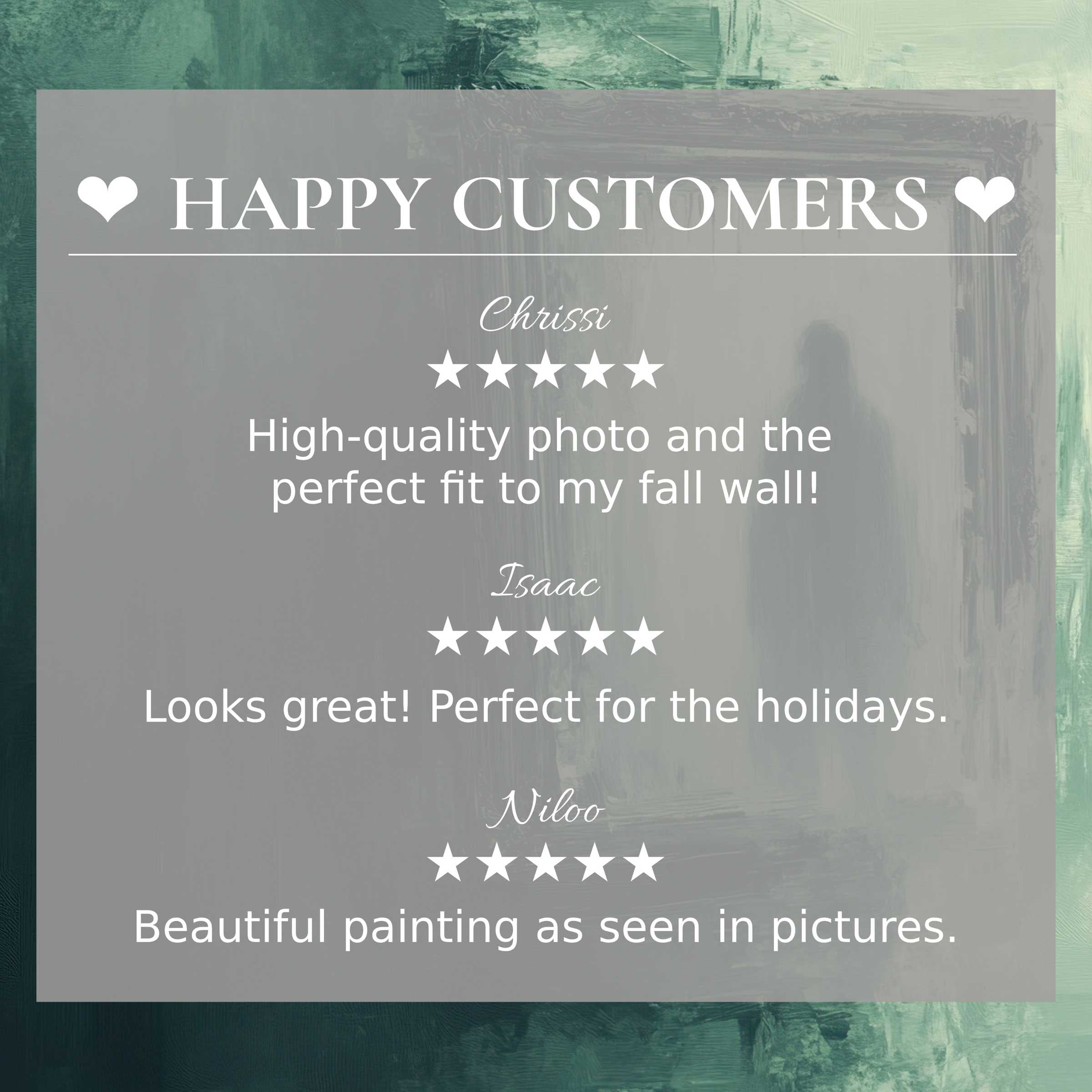 Elegant background with soft green brushstrokes highlights happy customer reviews for premium halloween art for Frame TV