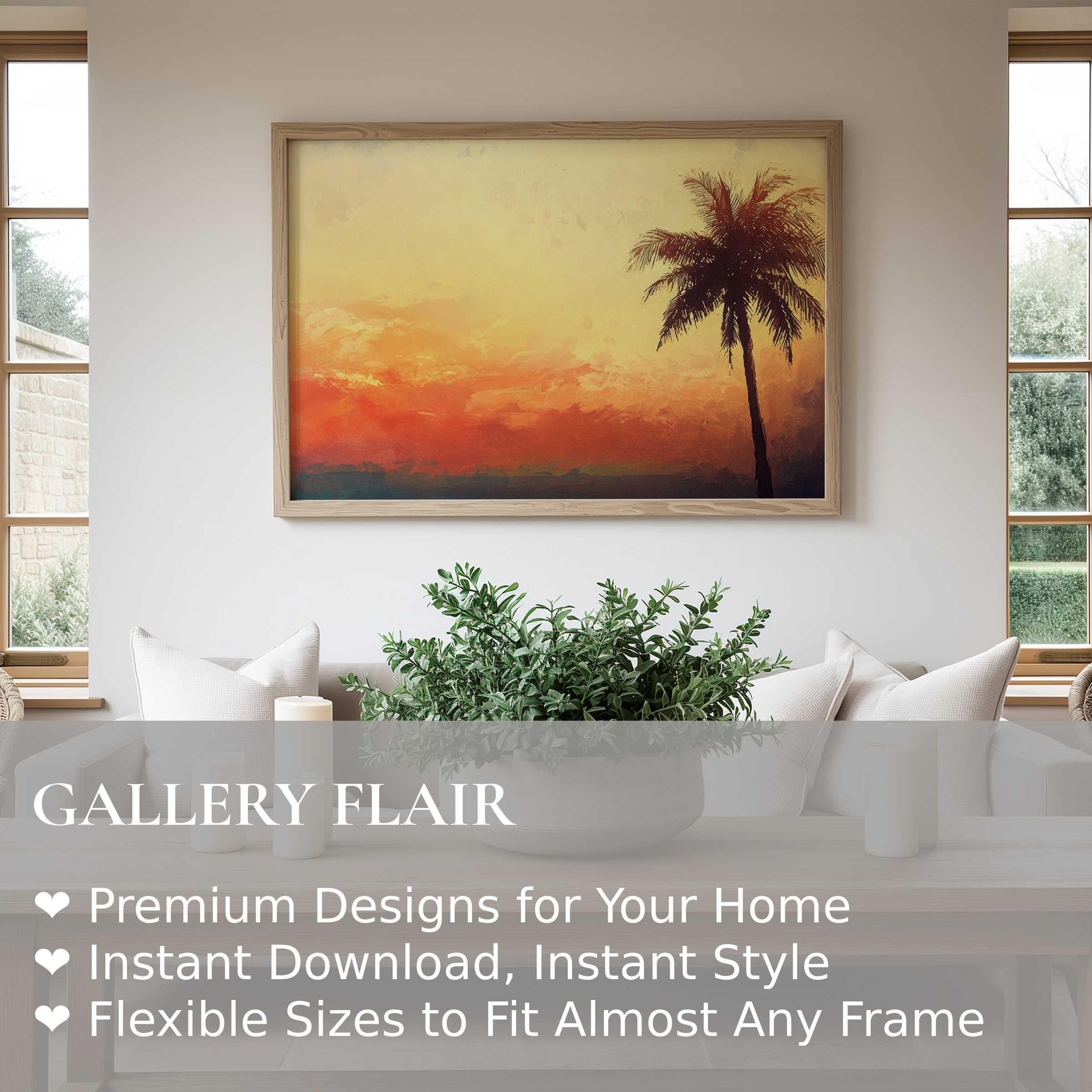 Radiant beach wall art print featuring a lone palm silhouette at sunset, elevating modern coastal interiors with warm, calming hues