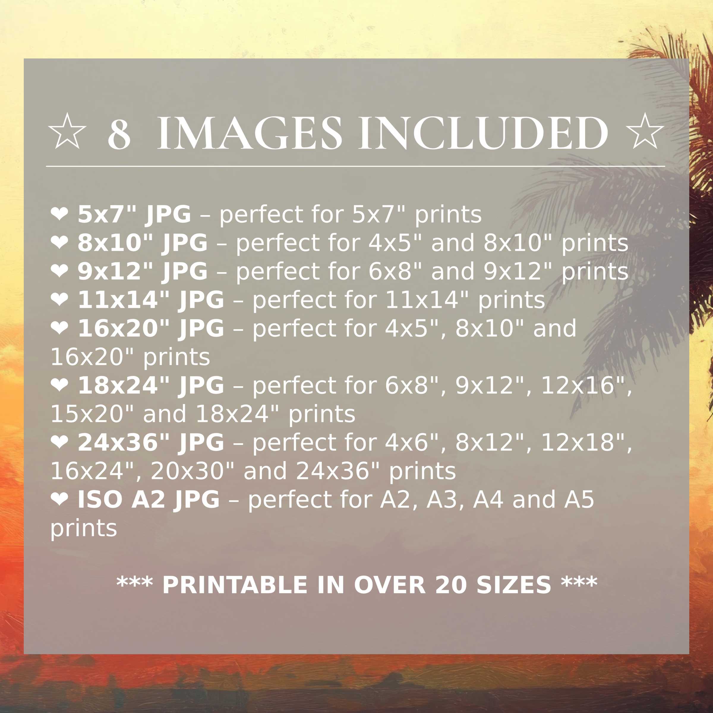 Radiant beach digital print in warm sunset hues, delivering calming coastal elegance in 8 included premium sizes