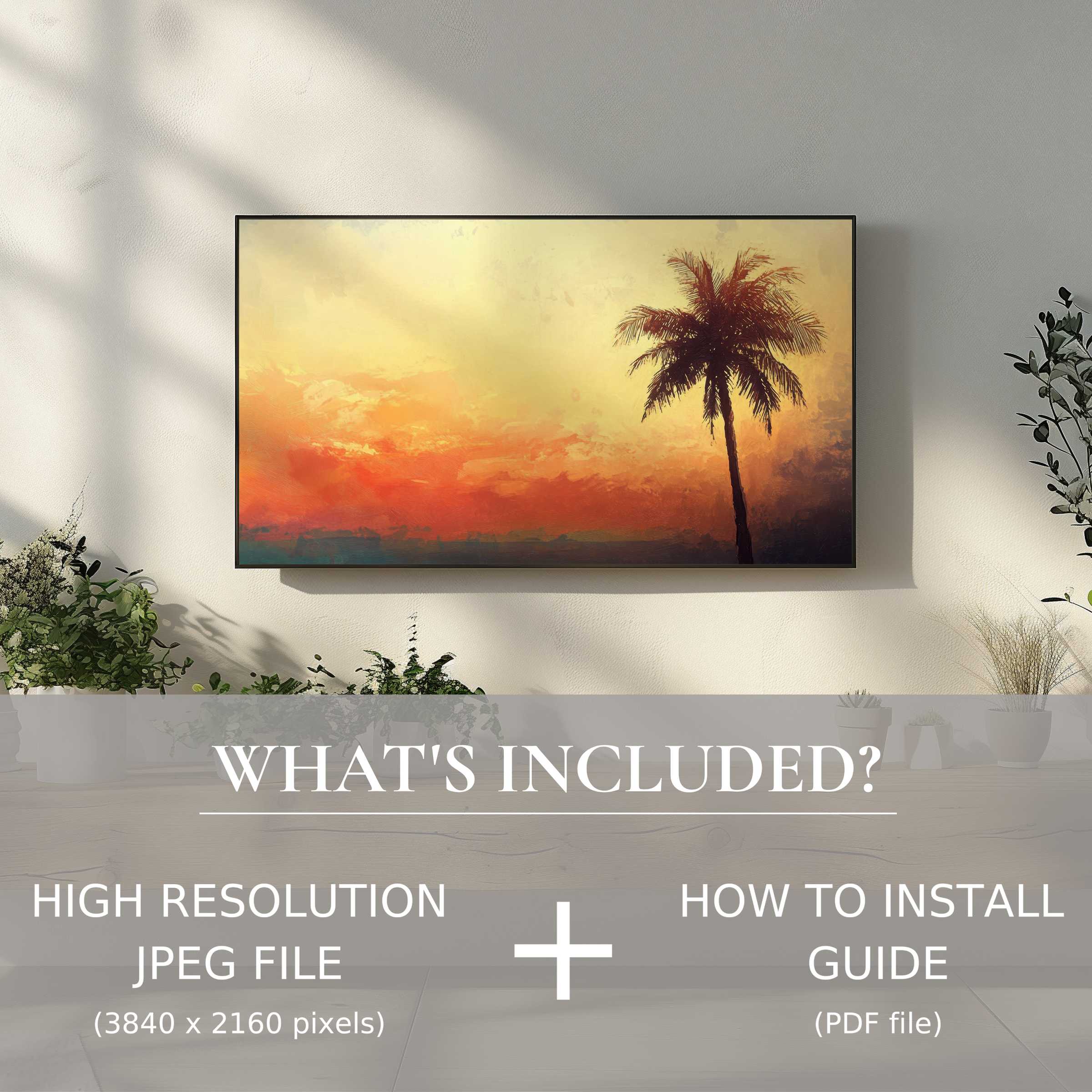 Elegant beach digital TV art download with easy use, enriching living spaces with serene sunset palm imagery