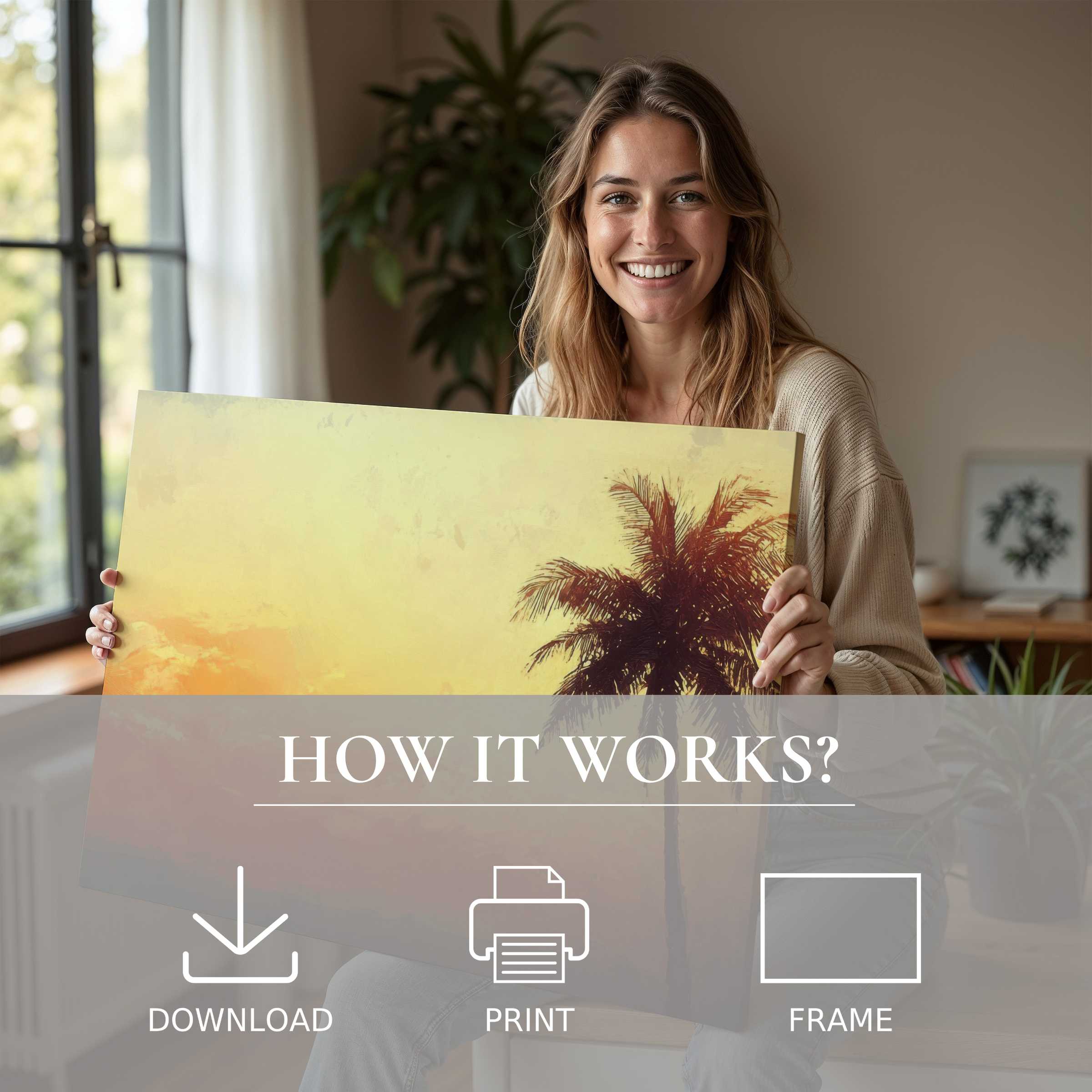 Elegant beach digital art print held in a sunlit modern home, capturing serene warmth and effortless style for inspired living