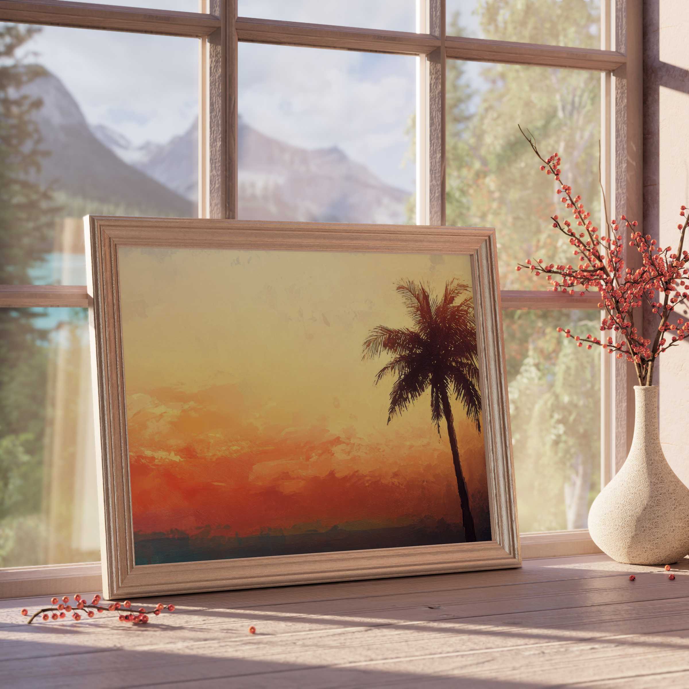 Sunset-hued beach downloadable art featuring a serene palm silhouette, elevating tranquil, curated living spaces