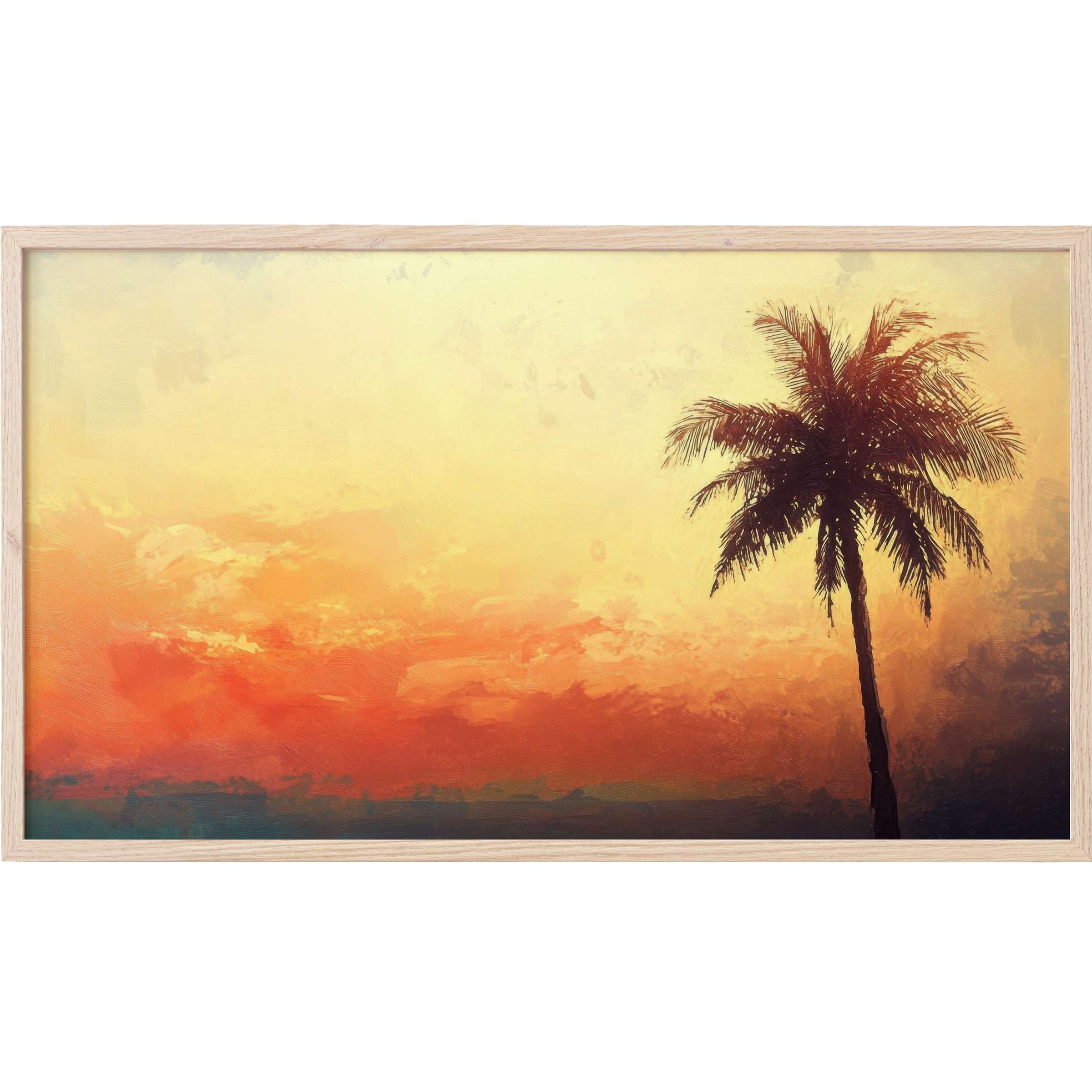 Sunset hues blend in a painterly sky with a solitary palm silhouette, beach Frame TV Art in warm modern tones