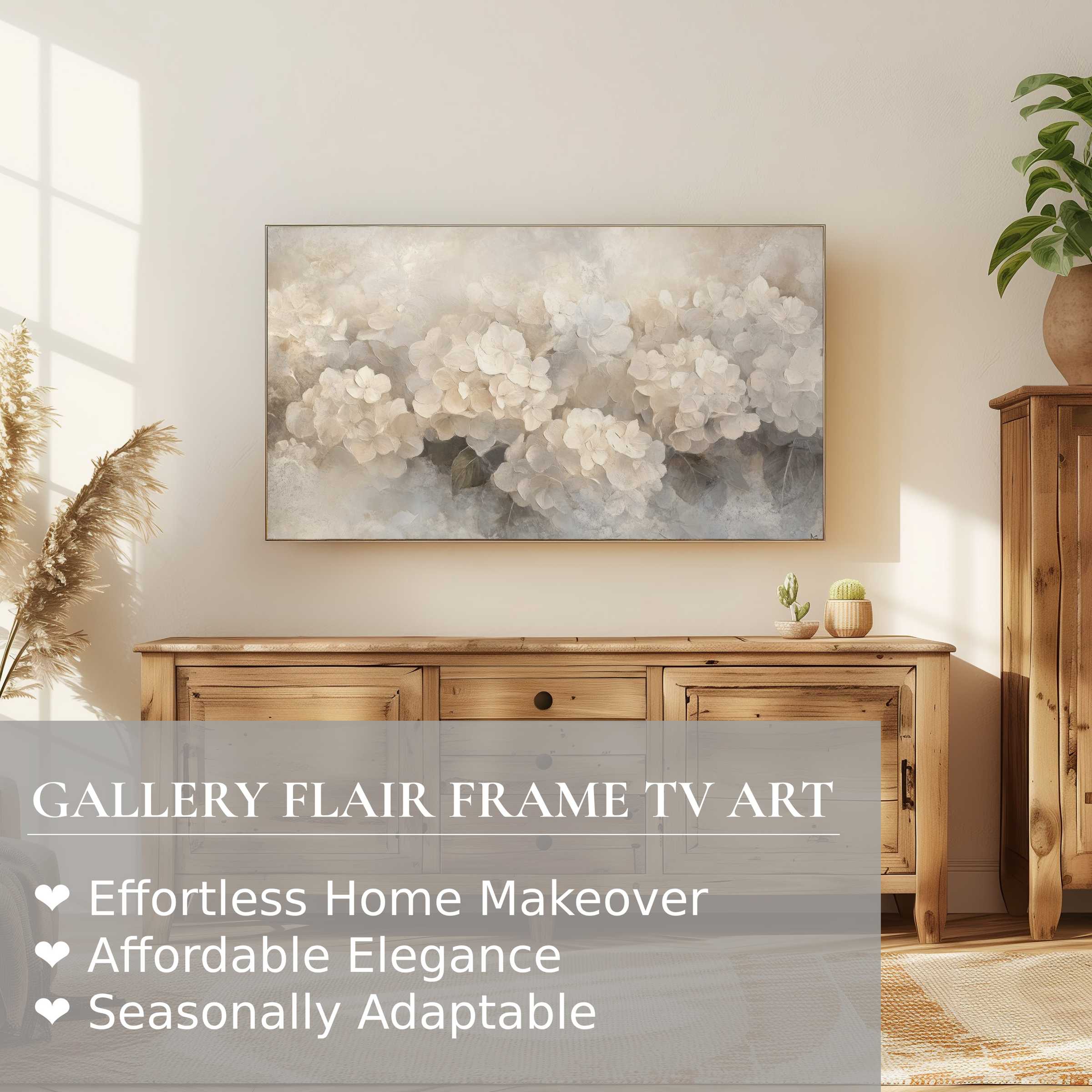 Elegant botanical digital artwork of soft hydrangeas on Samsung Frame TV in warm, modern wood interior setting