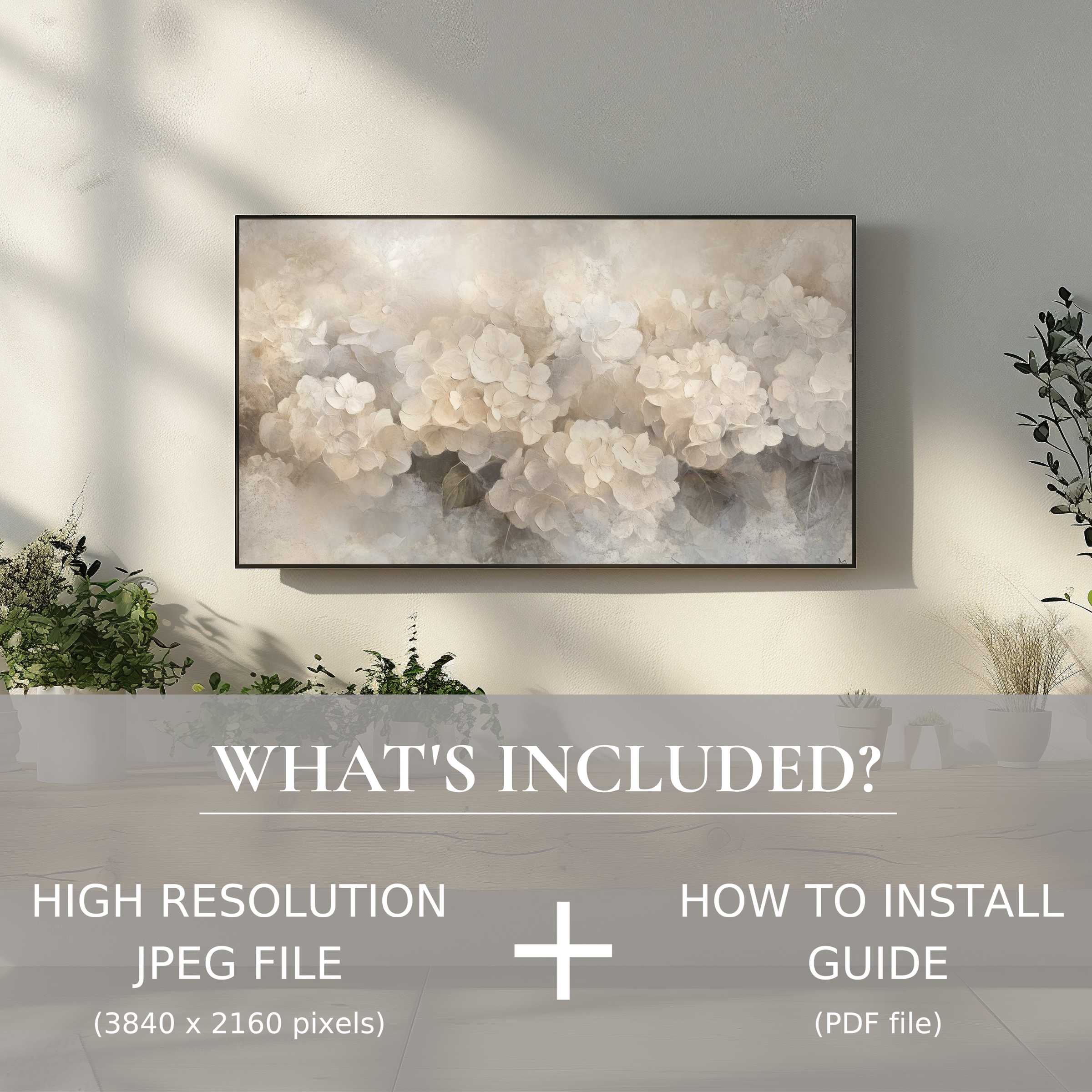 Elegant botanical digital TV art download, easy to use, enhances modern living with serene floral decor
