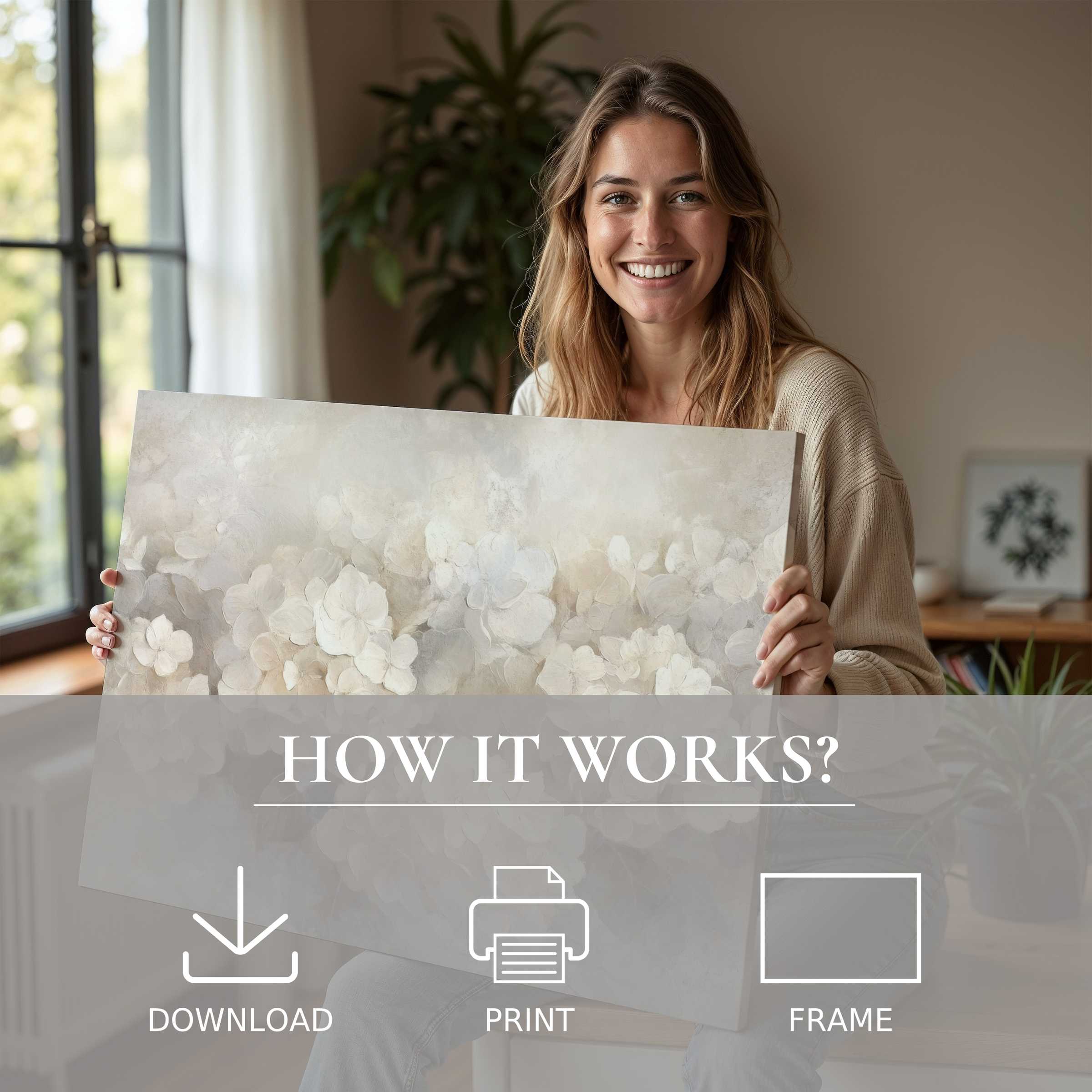 A serene moment embracing botanical digital art print’s soft, muted florals, elevating modern living with effortless elegance