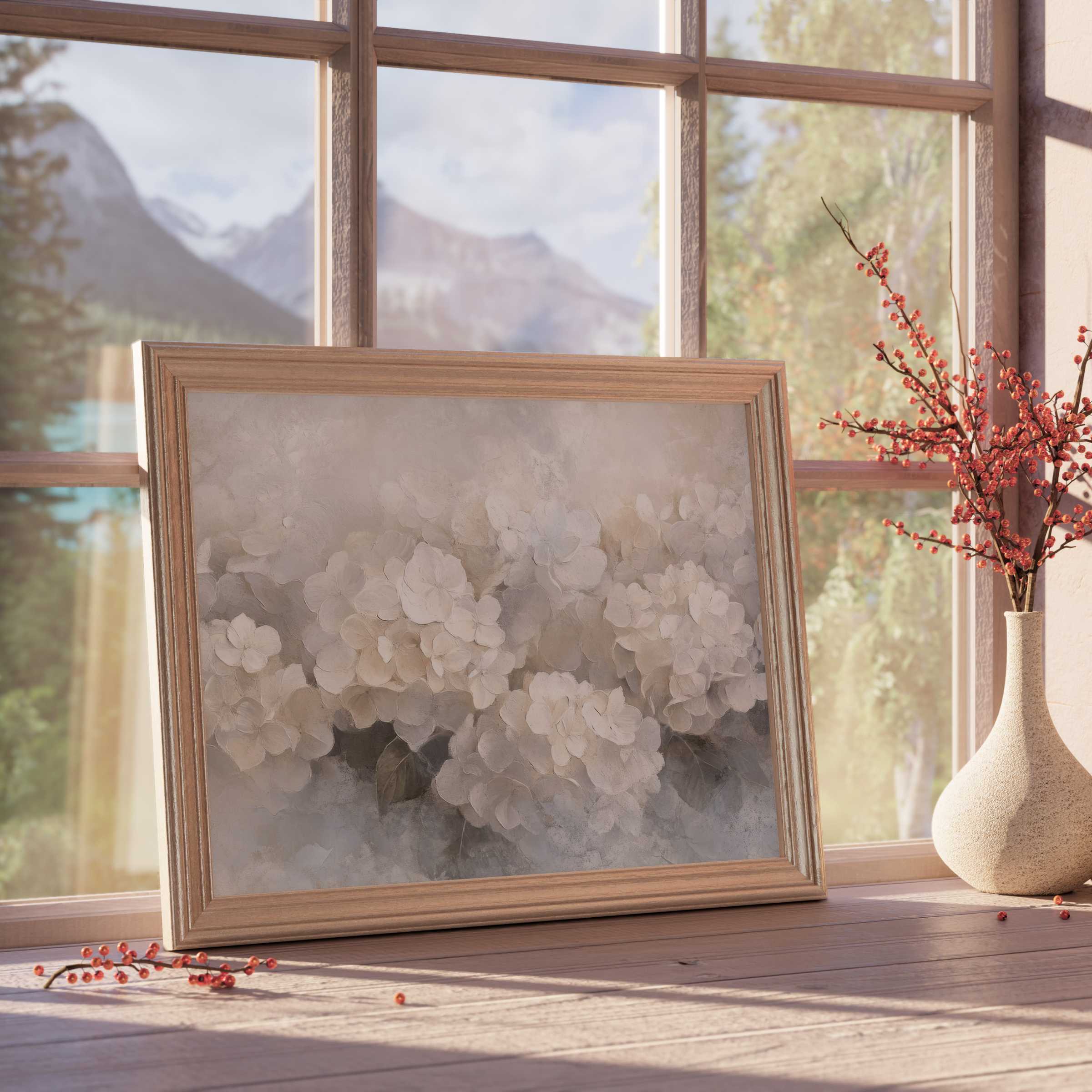 Botanical downloadable art featuring soft white hydrangeas in a warm wooden frame, elevating serene, refined interiors
