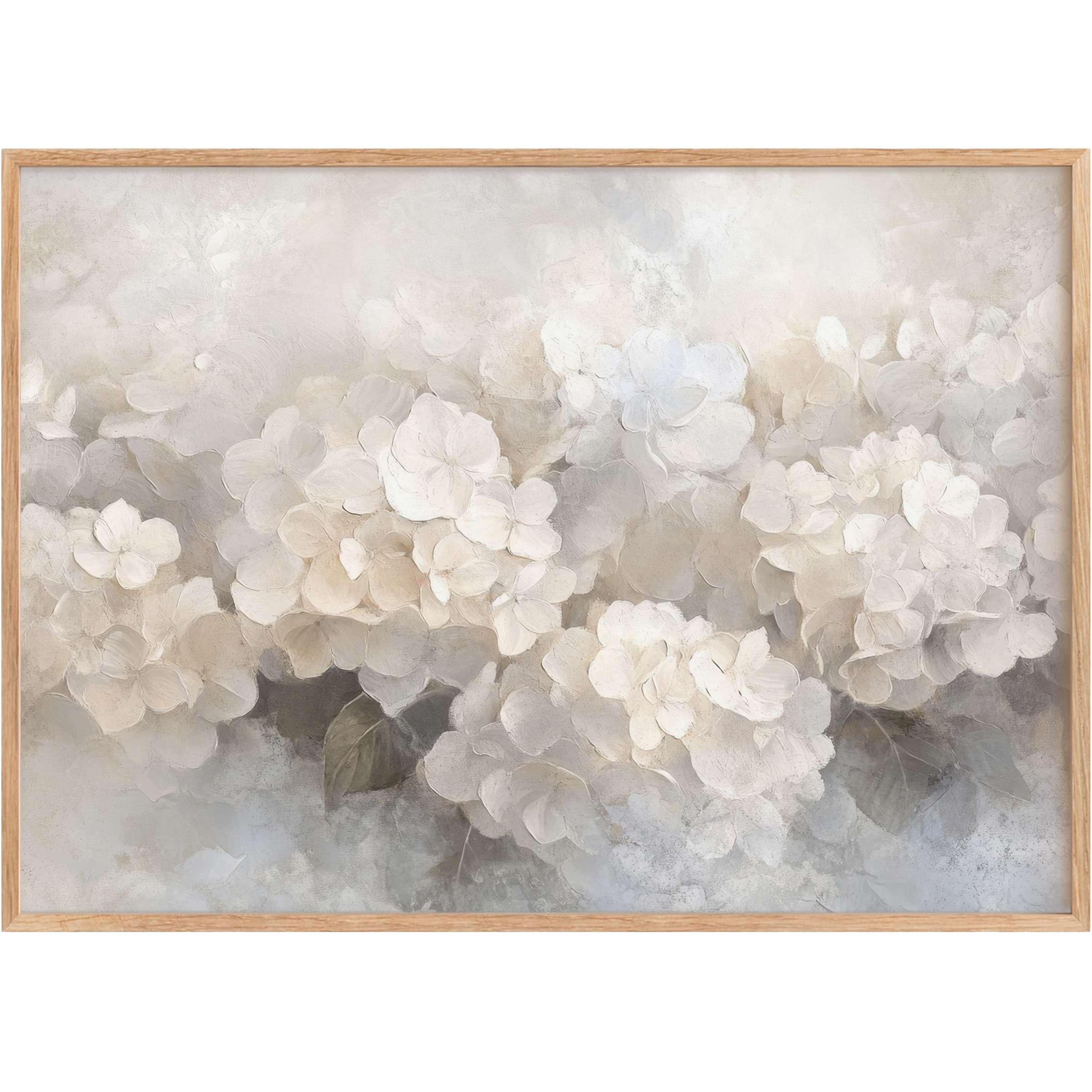 Botanical printable wall art of soft white hydrangeas in muted beige and gray tones, evoking serene and elegant calm
