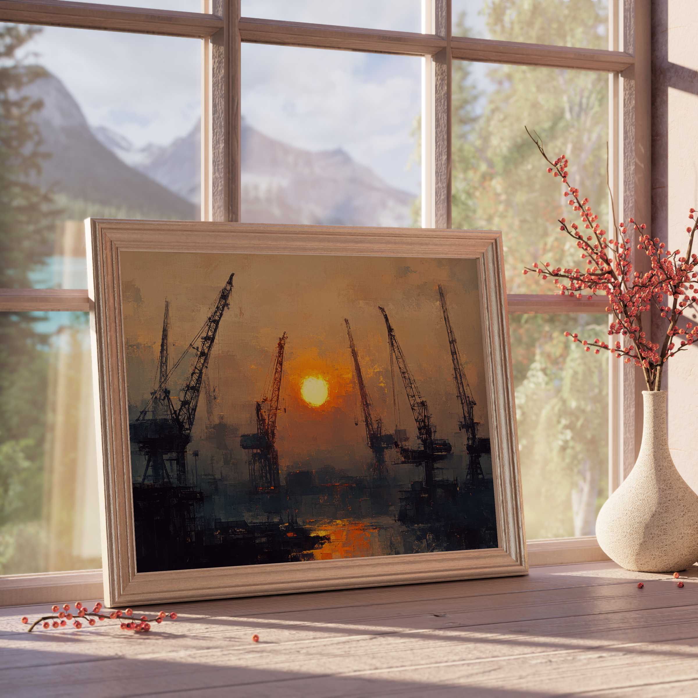 Urban downloadable art capturing a moody sunset over industrial cranes, elevating curated, tranquil modern interiors