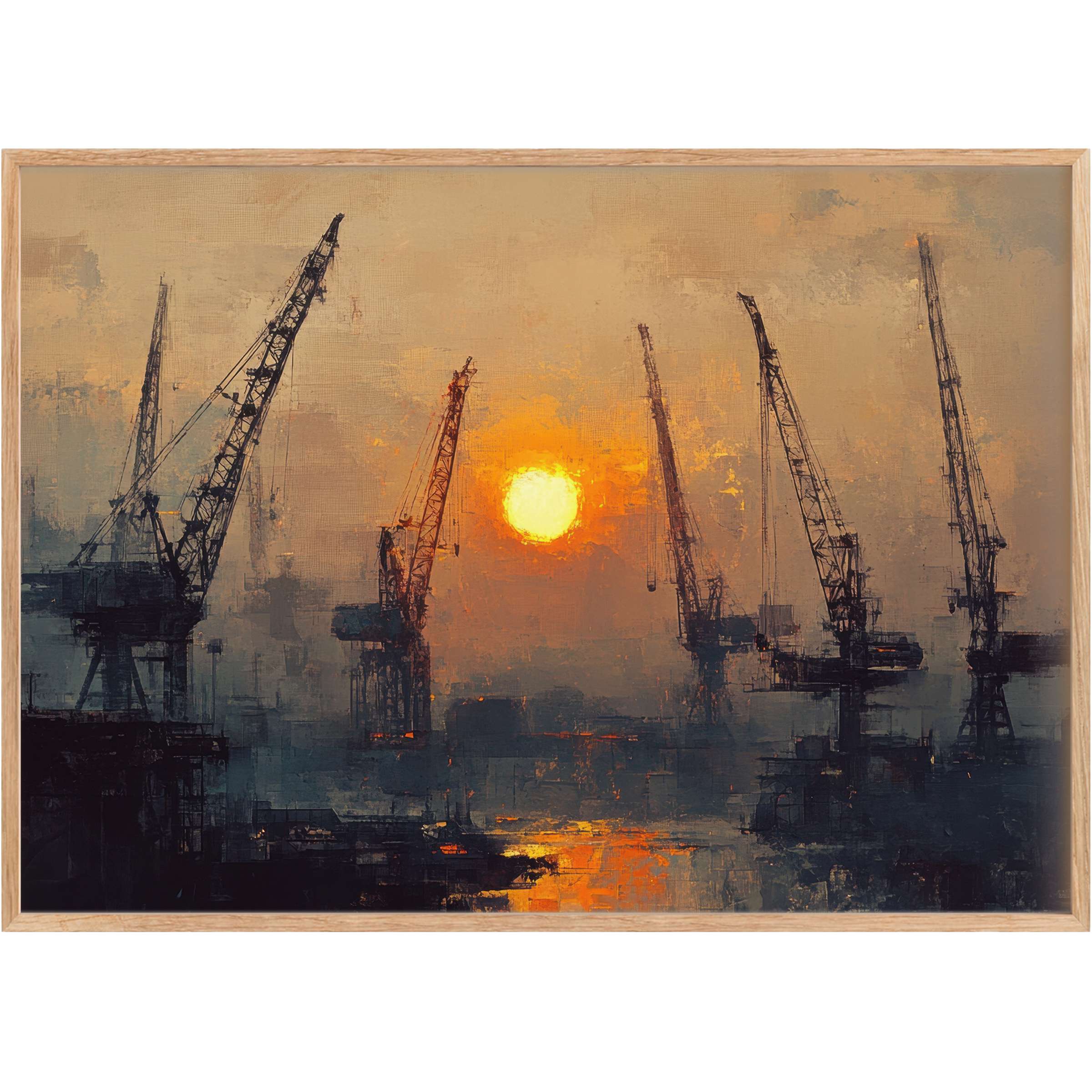 Urban printable wall art captures a serene sunset over industrial cranes, blending warm amber and deep charcoal hues to evoke a calm, sophisticated ambiance