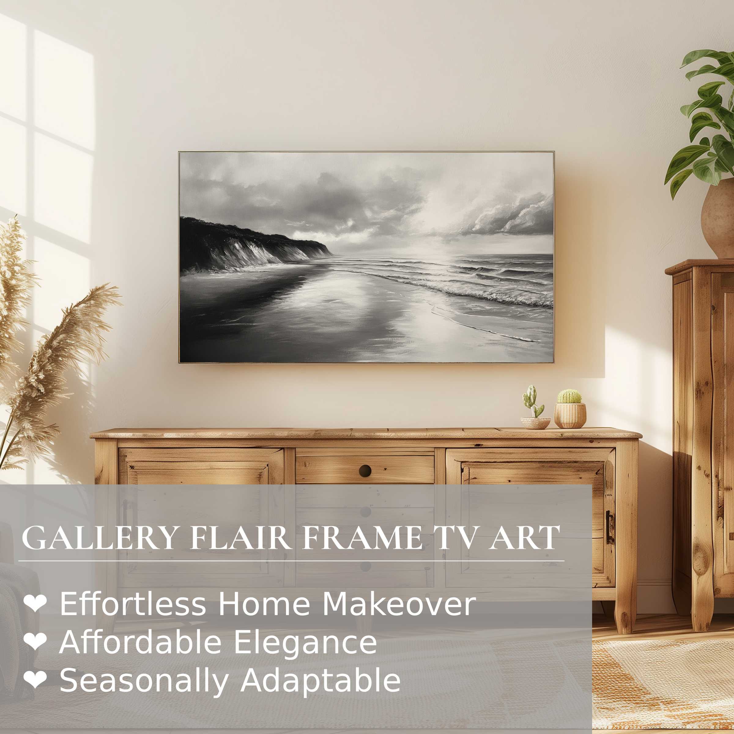 Samsung Frame TV showcasing serene black and white digital artwork of a coastal landscape in a modern setting