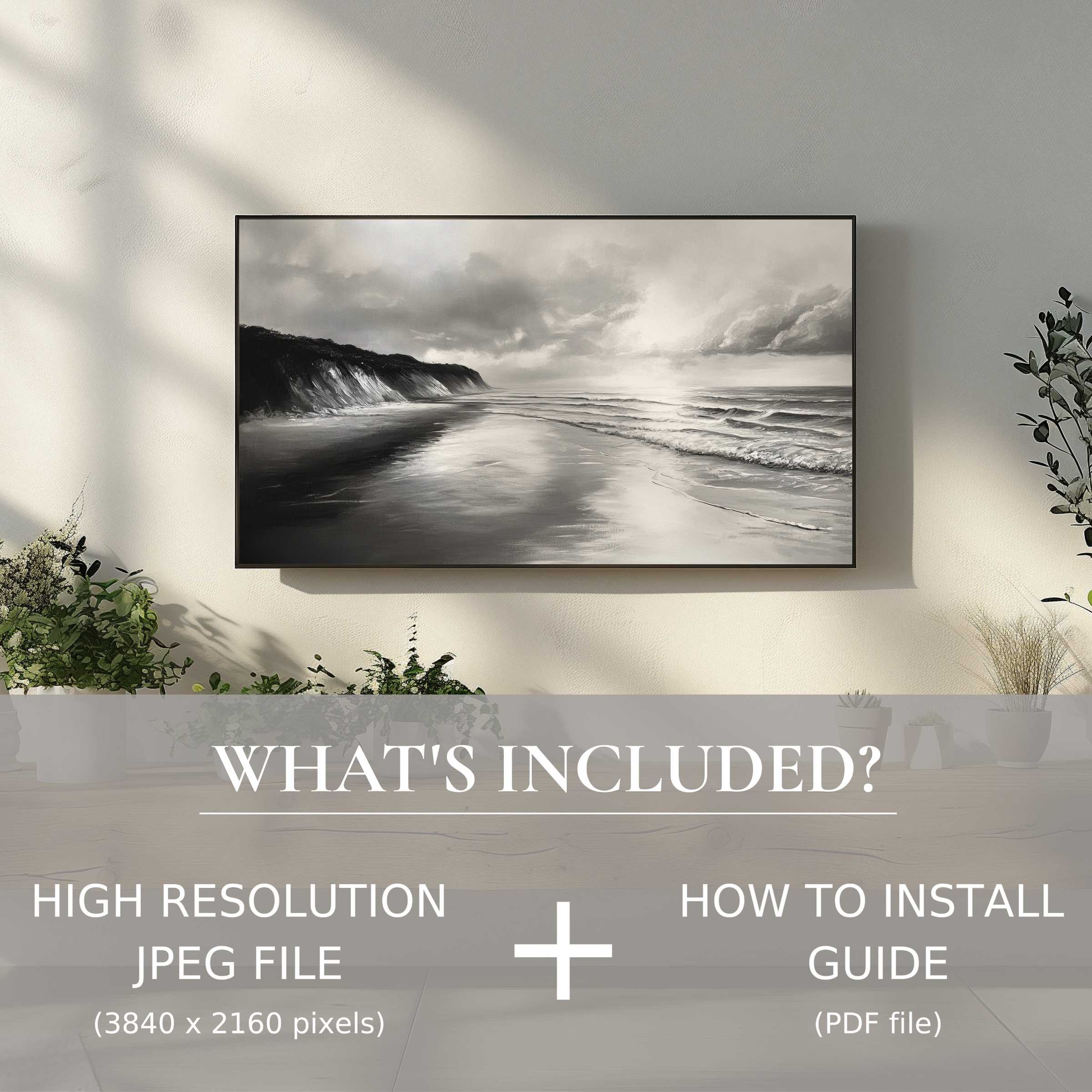 Elegant black and white digital TV art download enhances any living space with easy digital use and modern coastal vibes